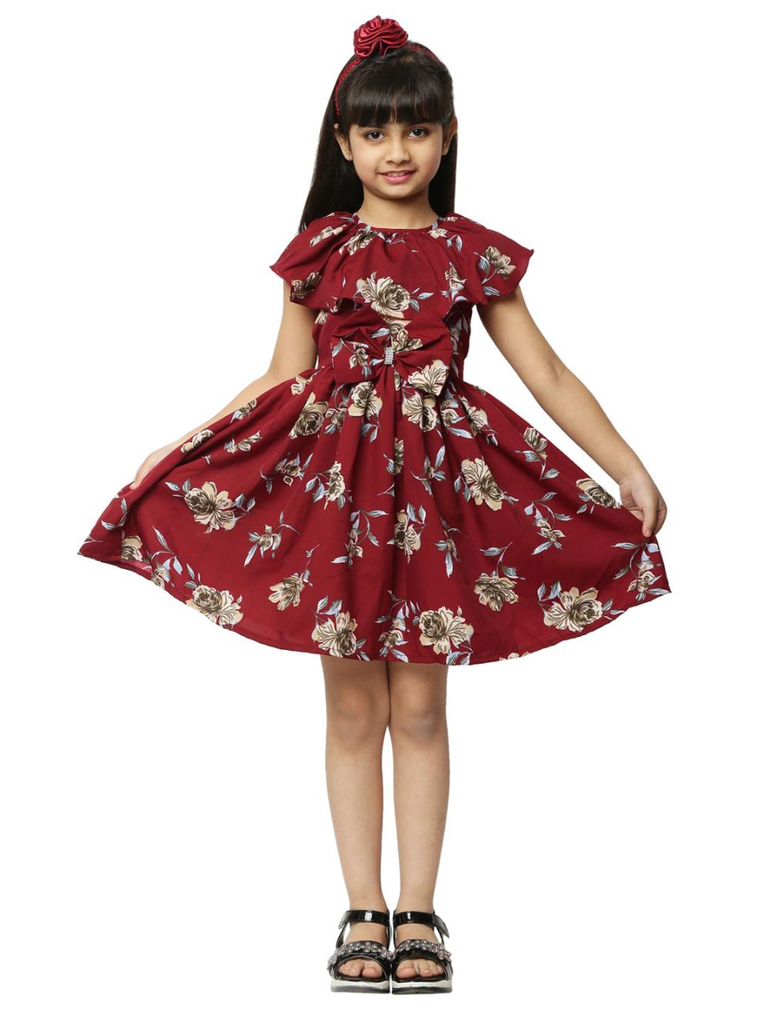 

BAESD Girls Floral Printed Crepe A-Line Dress, Maroon