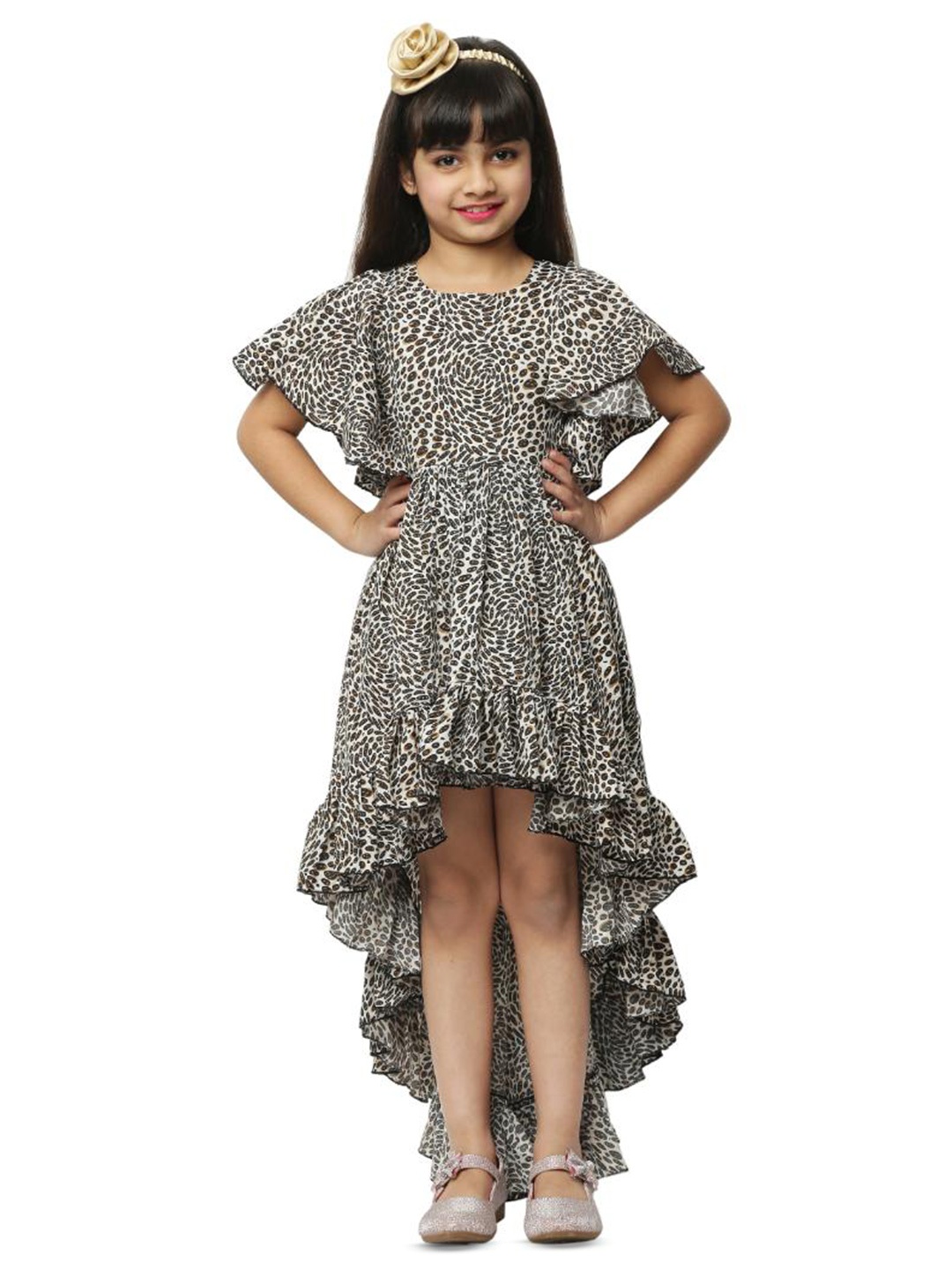 

BAESD Girls Animal Printed Flutter Sleeves Gathered Detailed High-Low Fit & Flare Dress, Beige