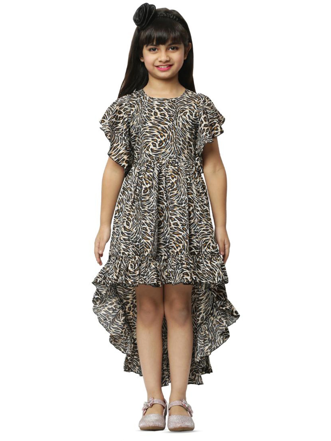 

BAESD Girls Animal Print Crepe Flutter Sleeve Fit & Flare Dress Comes With A Belt, Black