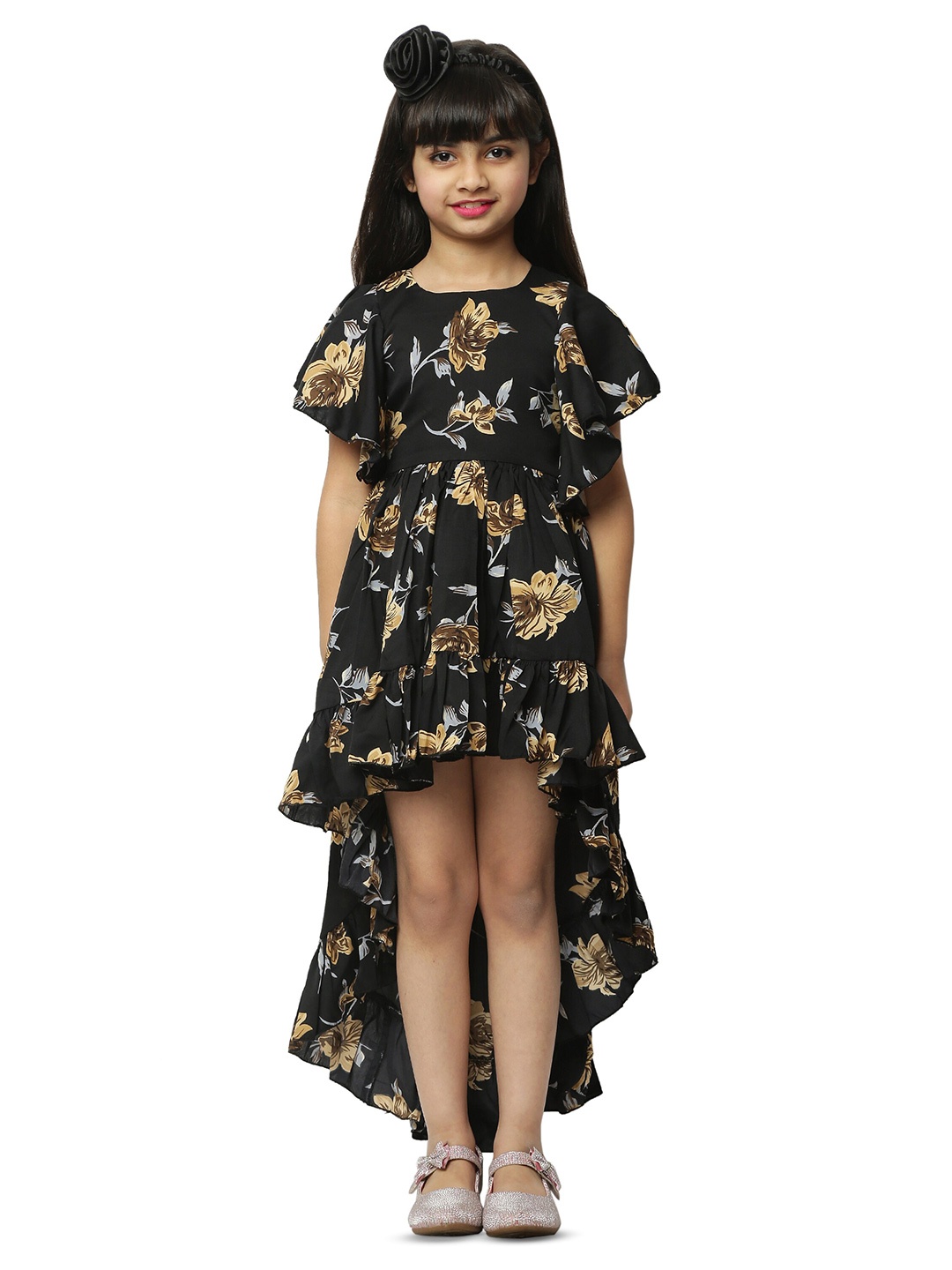 

BAESD Infant Girls Floral Print Flared Sleeve Crepe Fit & Flare Dress, Black