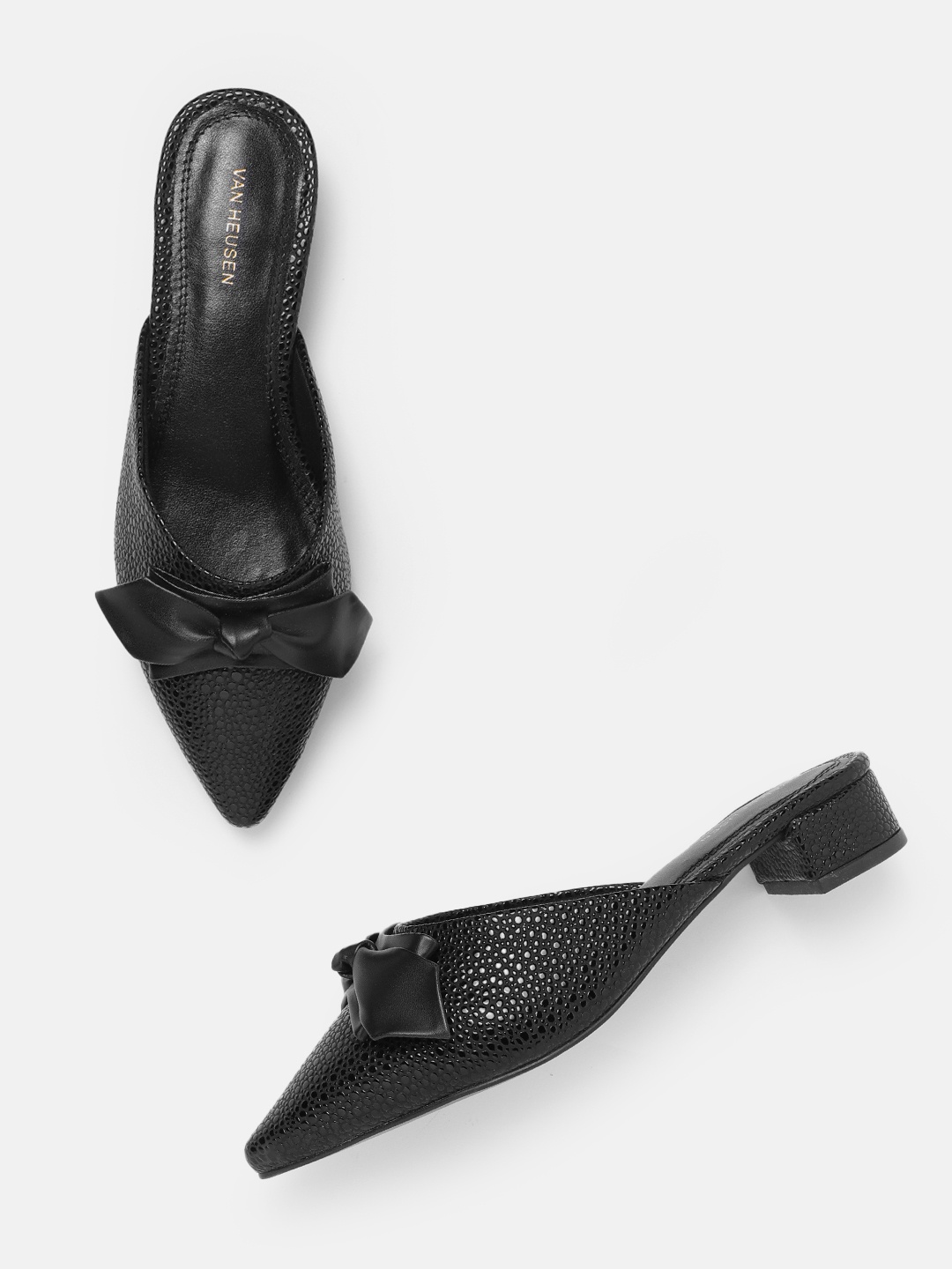 

Van Heusen Textured Block Heel Mules with Bow Detail, Black