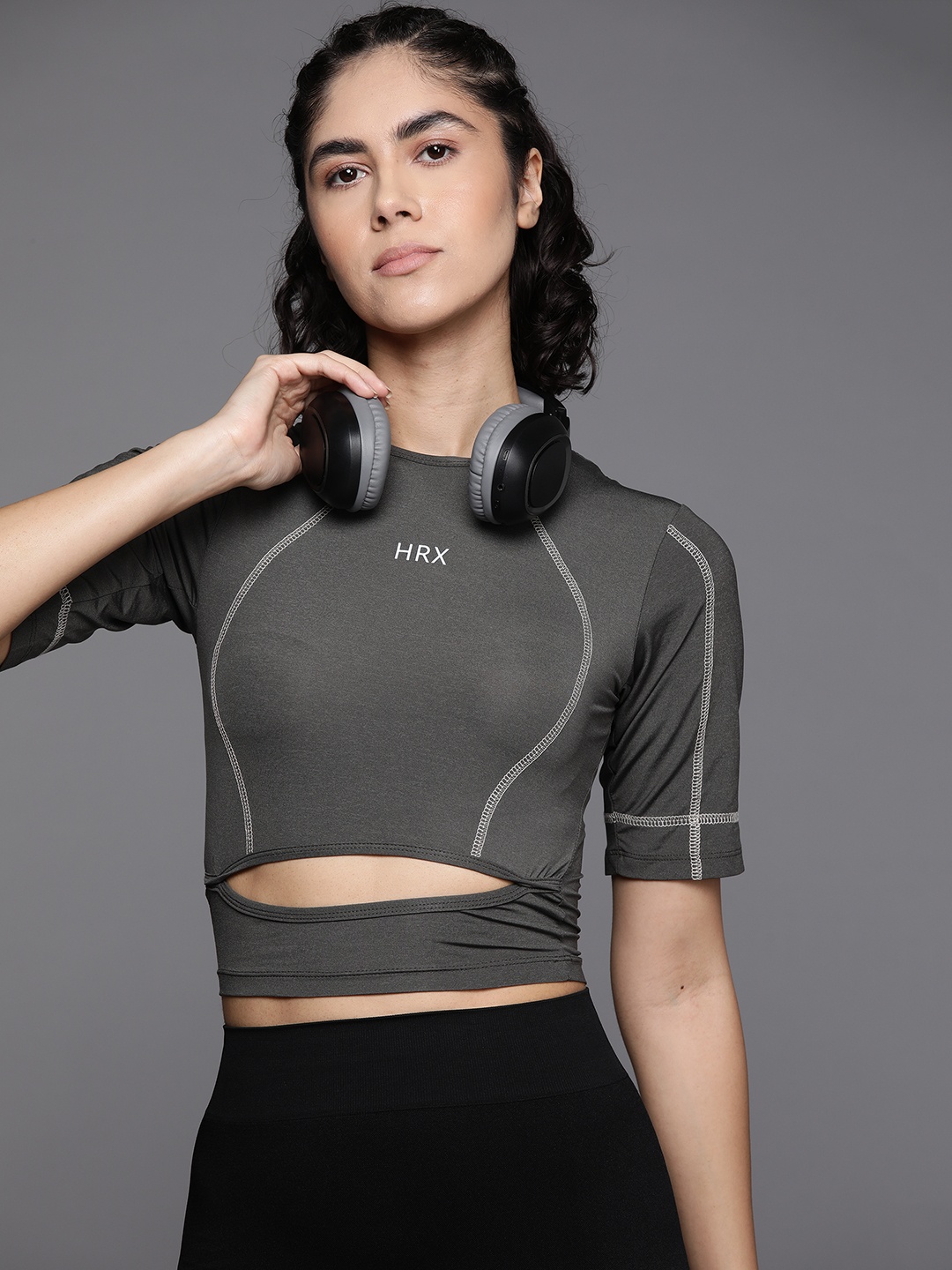 

HRX by Hrithik Roshan Women Self Design Cut-Out Detail Fitted Crop Top, Charcoal
