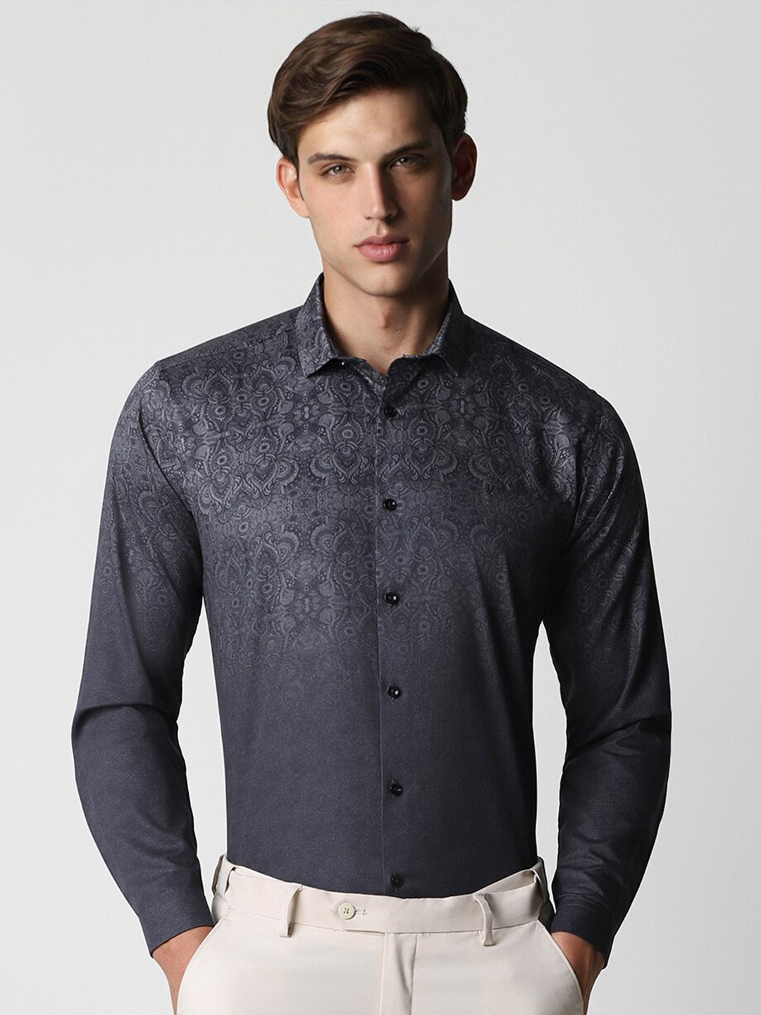 

V Dot Ethnic Motifs Printed Slim Fit Pure Cotton Party Shirt, Grey