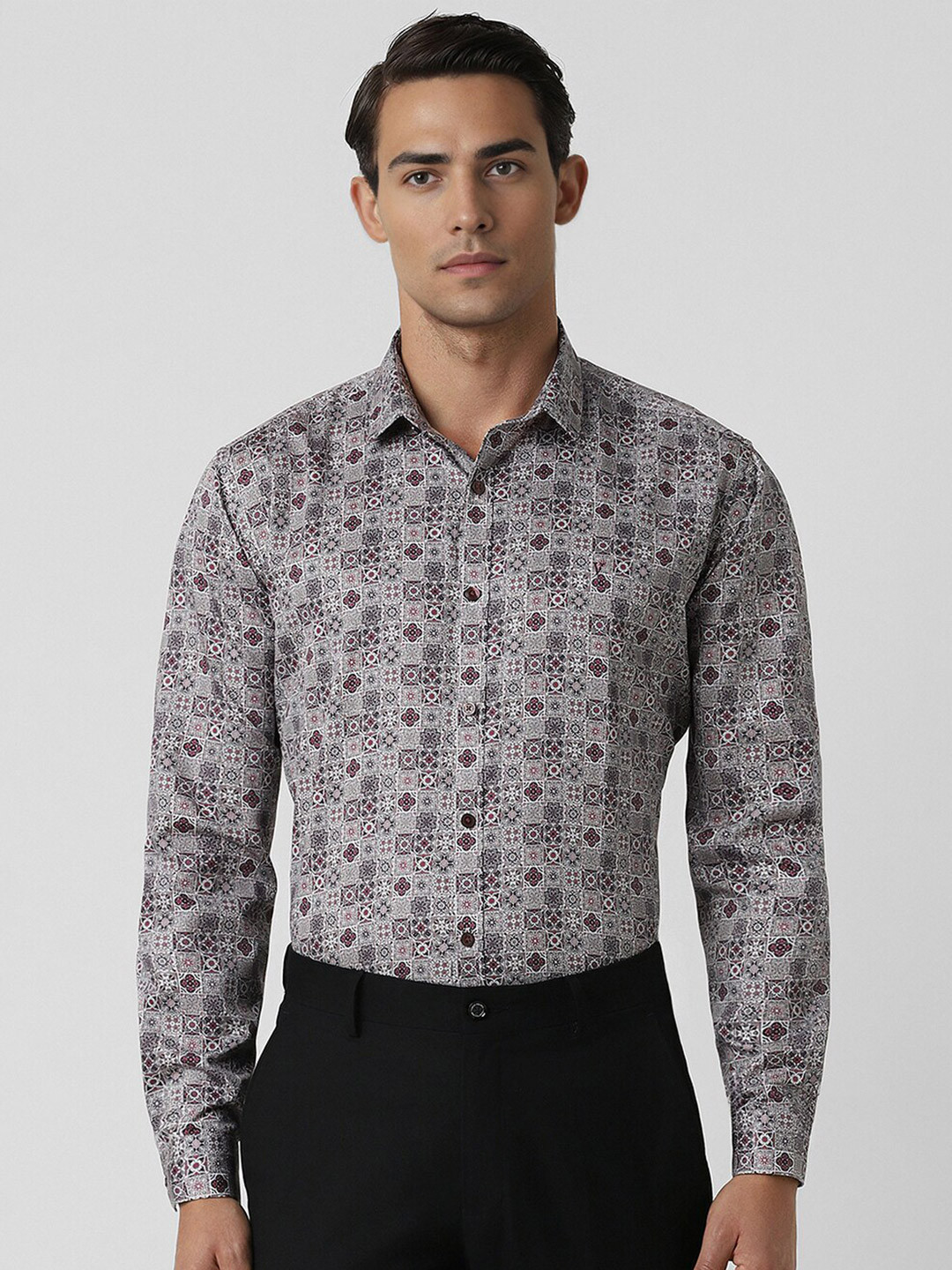 

V Dot Ethnic Motifs Printed Slim Fit Pure Cotton Party Shirt, Grey