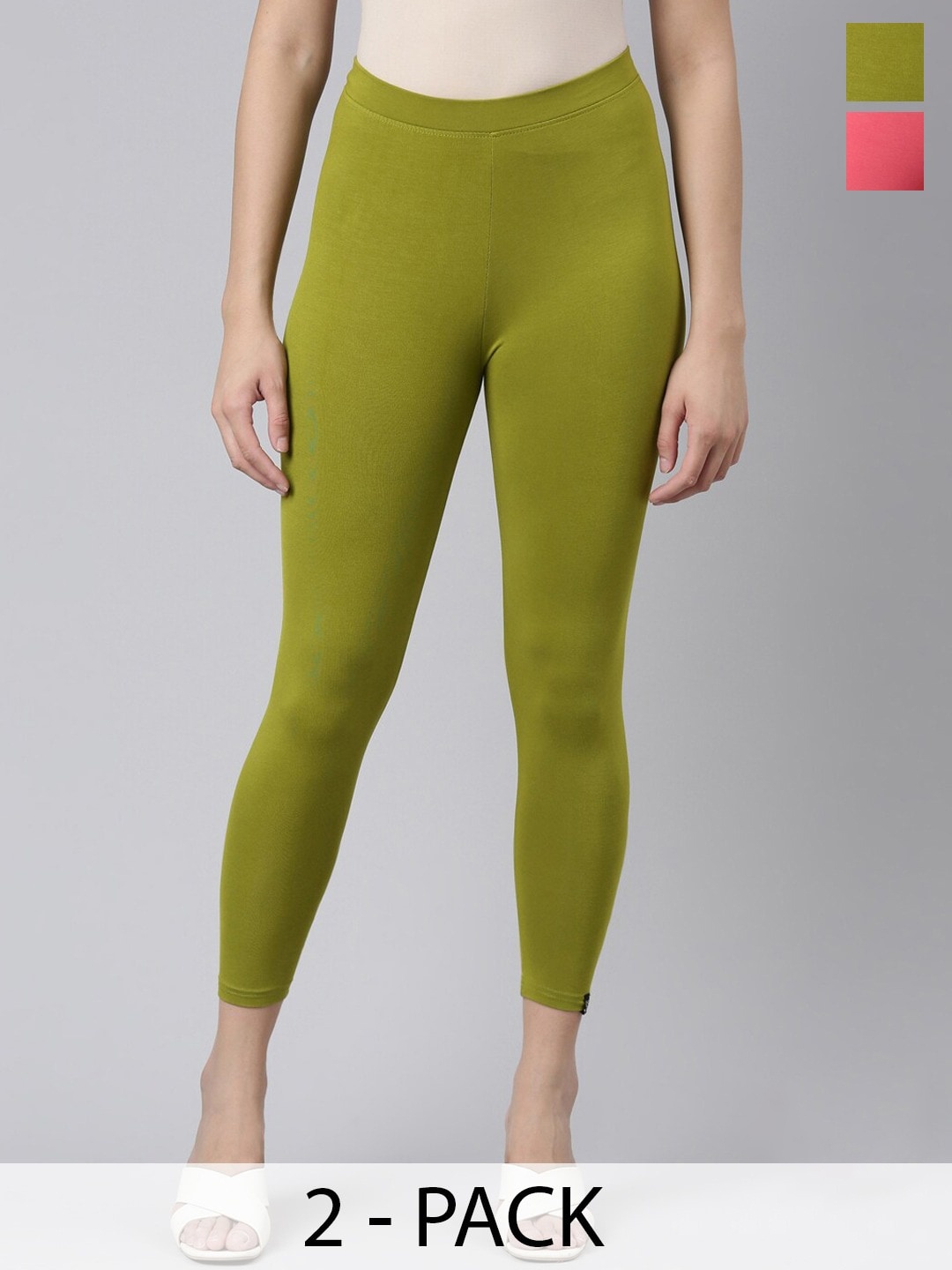 

Twin Birds Pack Of 2 Women Solid Skinny Fit High Ankle Cropped Leggings, Olive