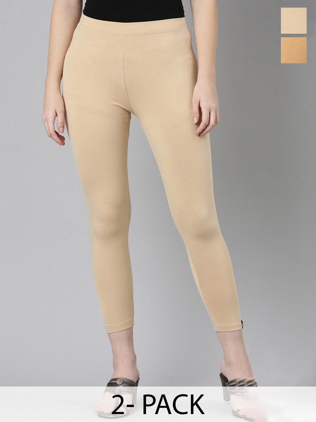 

Twin Birds Pack Of 2 Women Solid Skinny Fit High Ankle Cropped Leggings, Beige