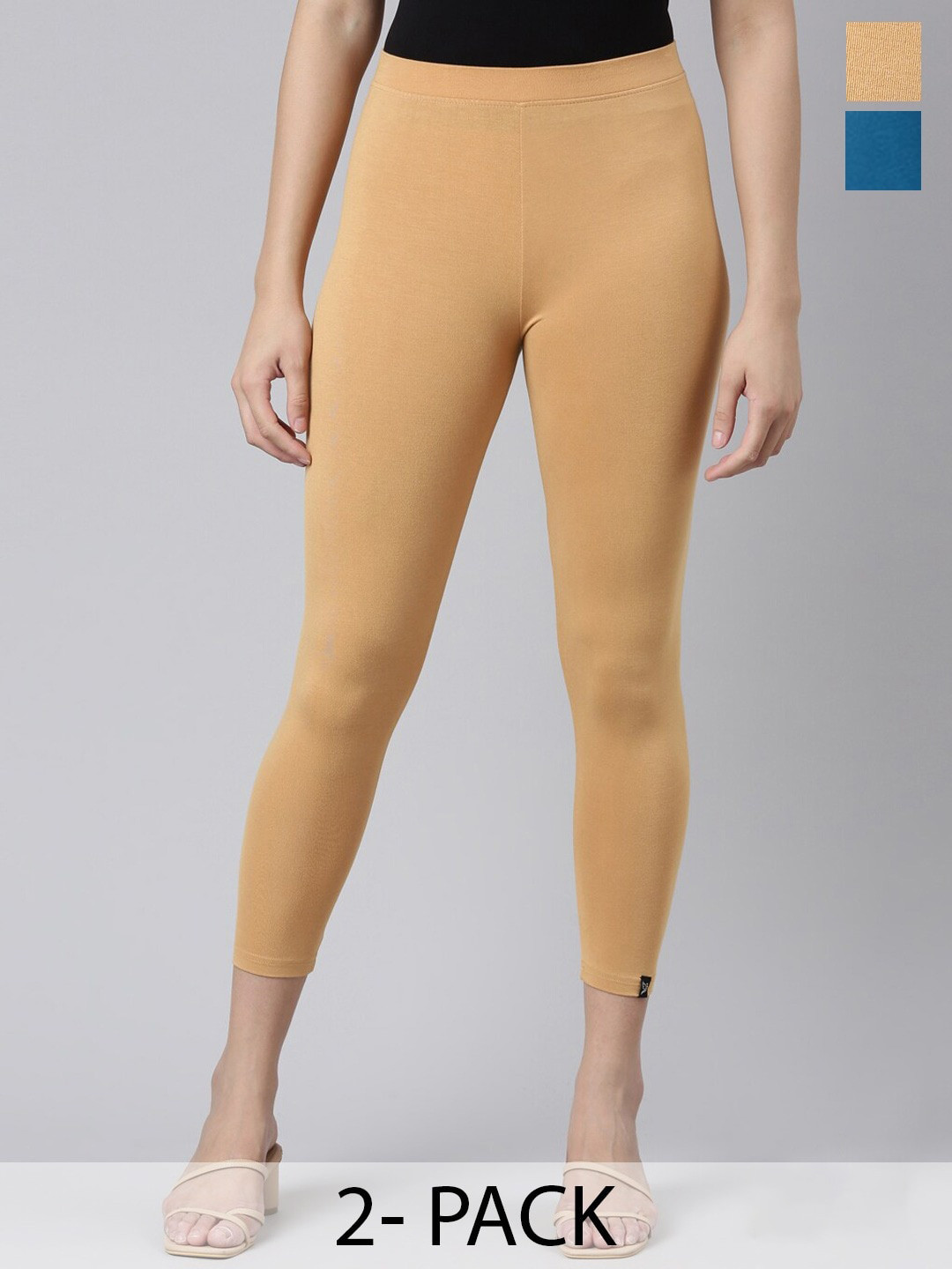

Twin Birds Pack Of 2 Women Solid Skinny Fit High Ankle Cropped Leggings, Beige