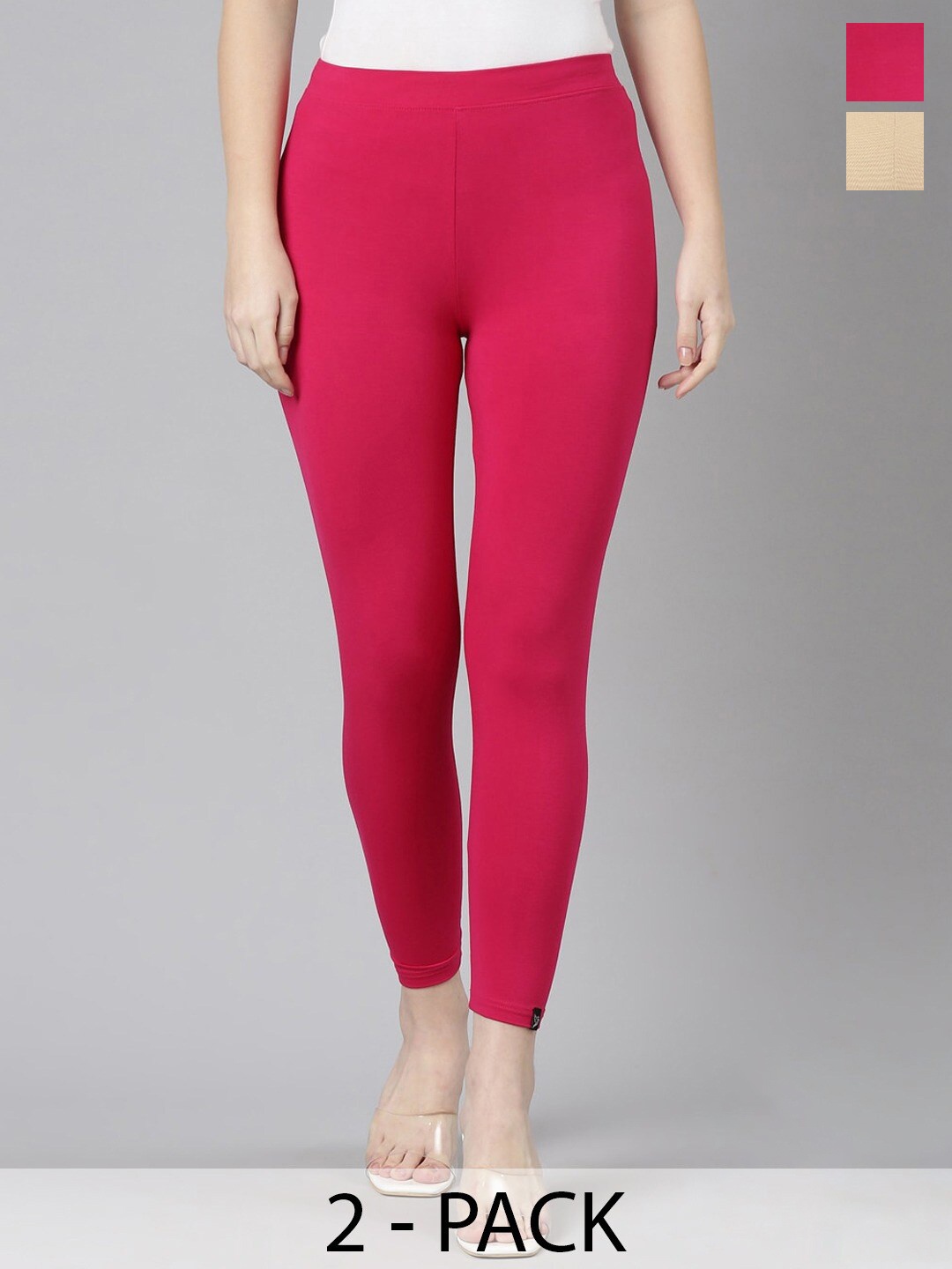 

Twin Birds Pack Of 2 Women Solid Skinny Fit High Ankle Cropped Leggings, Pink