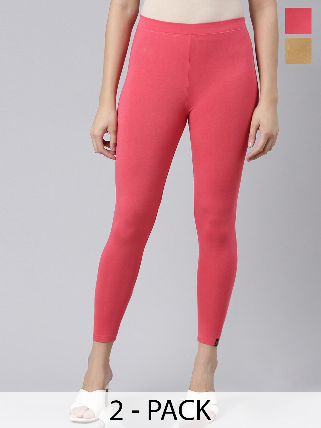 

Twin Birds Pack Of 2 Women Solid Skinny Fit High Ankle Cropped Leggings, Coral