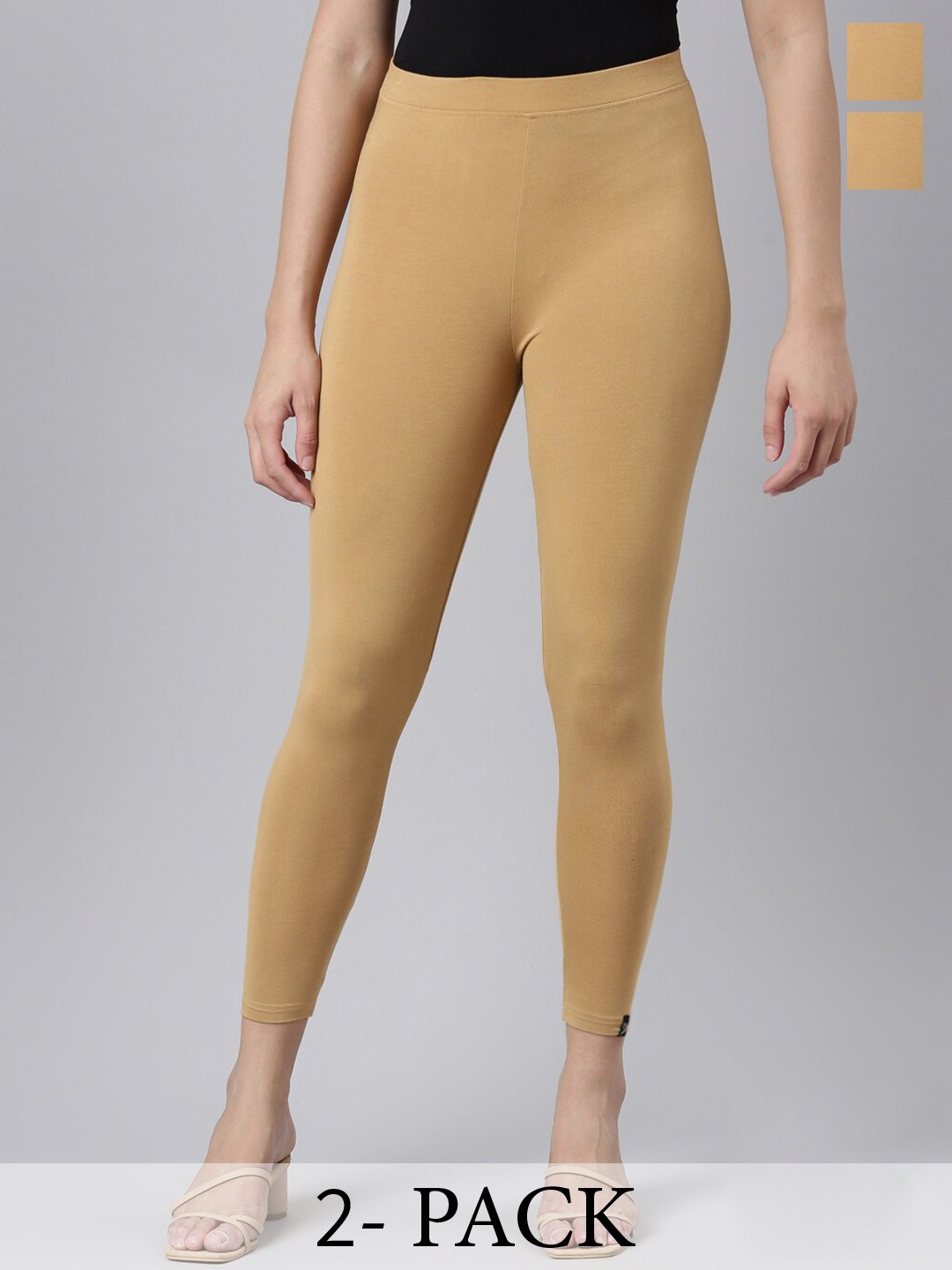 

Twin Birds Pack Of 2 Women Solid Skinny Fit High Ankle Cropped Leggings, Beige