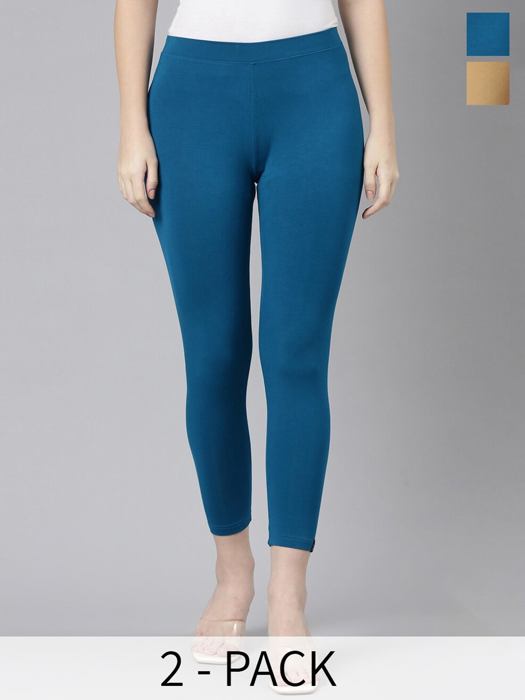 

Twin Birds Pack Of 2 Women Solid Skinny Fit High Ankle Cropped Leggings, Teal