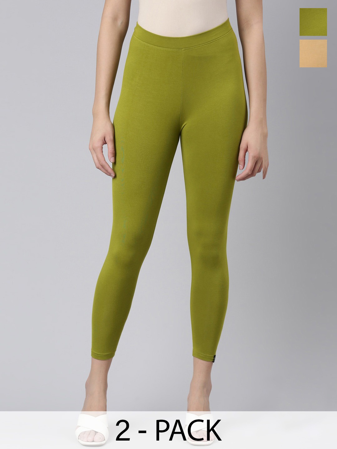 

Twin Birds Pack Of 2 Women Solid Skinny Fit High Ankle Cropped Leggings, Olive