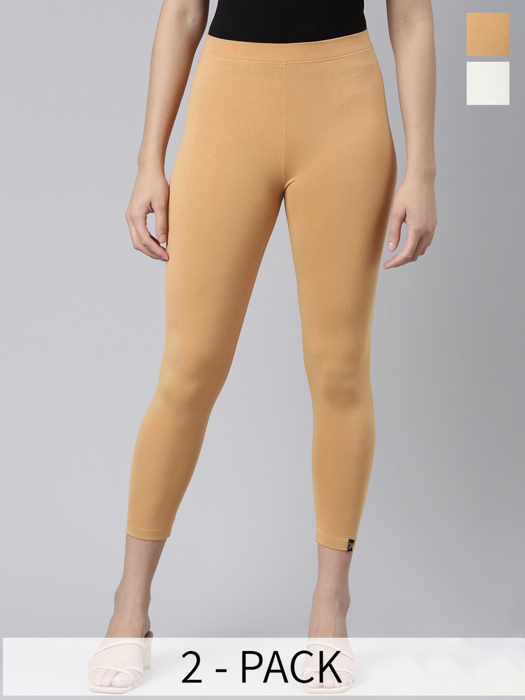 

Twin Birds Pack Of 2 Women Solid Skinny Fit High Ankle Cropped Leggings, Beige