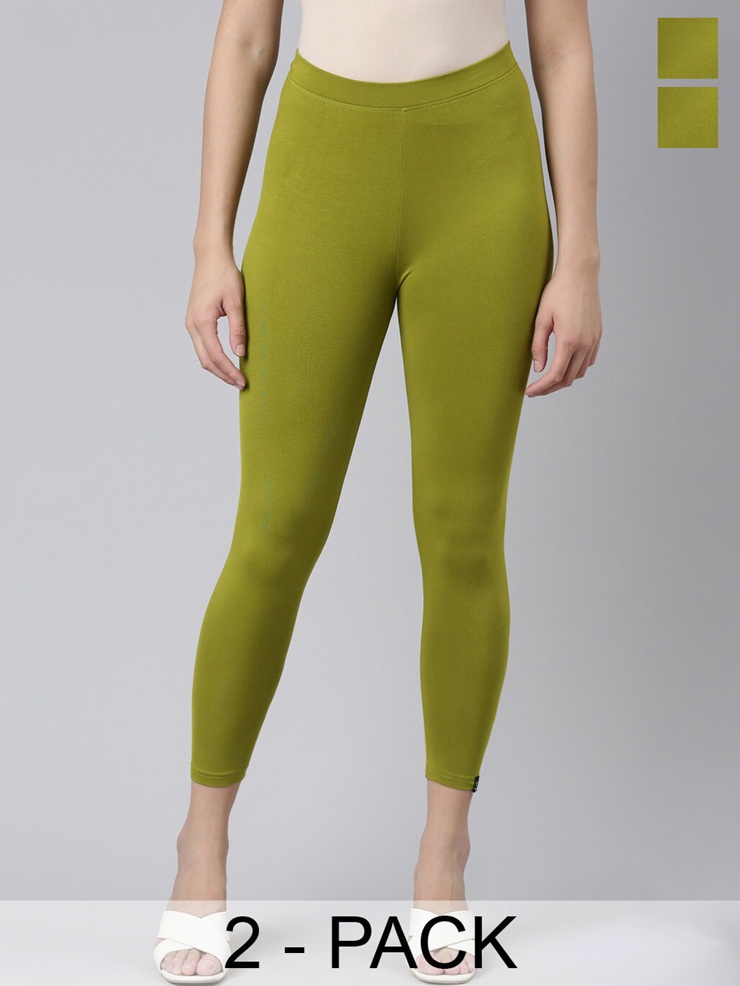 

Twin Birds Pack Of 2 Women Solid Skinny Fit High Ankle Cropped Leggings, Olive