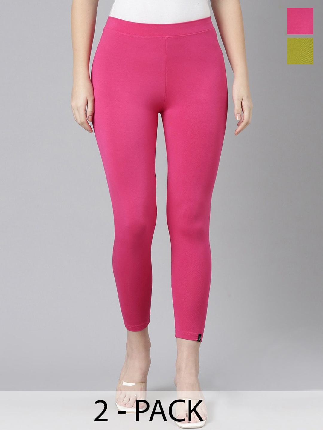 

Twin Birds Pack Of 2 Women Solid Skinny Fit High Ankle Cropped Leggings, Pink