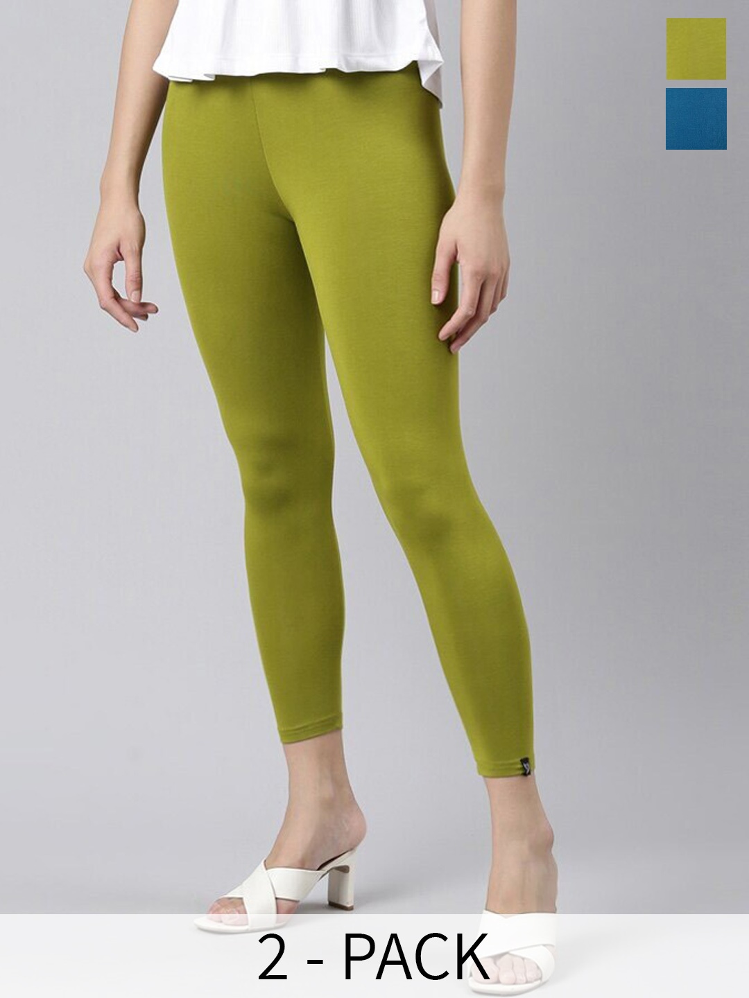 

Twin Birds Pack Of 2 Women Solid Skinny Fit High Ankle Cropped Leggings, Olive