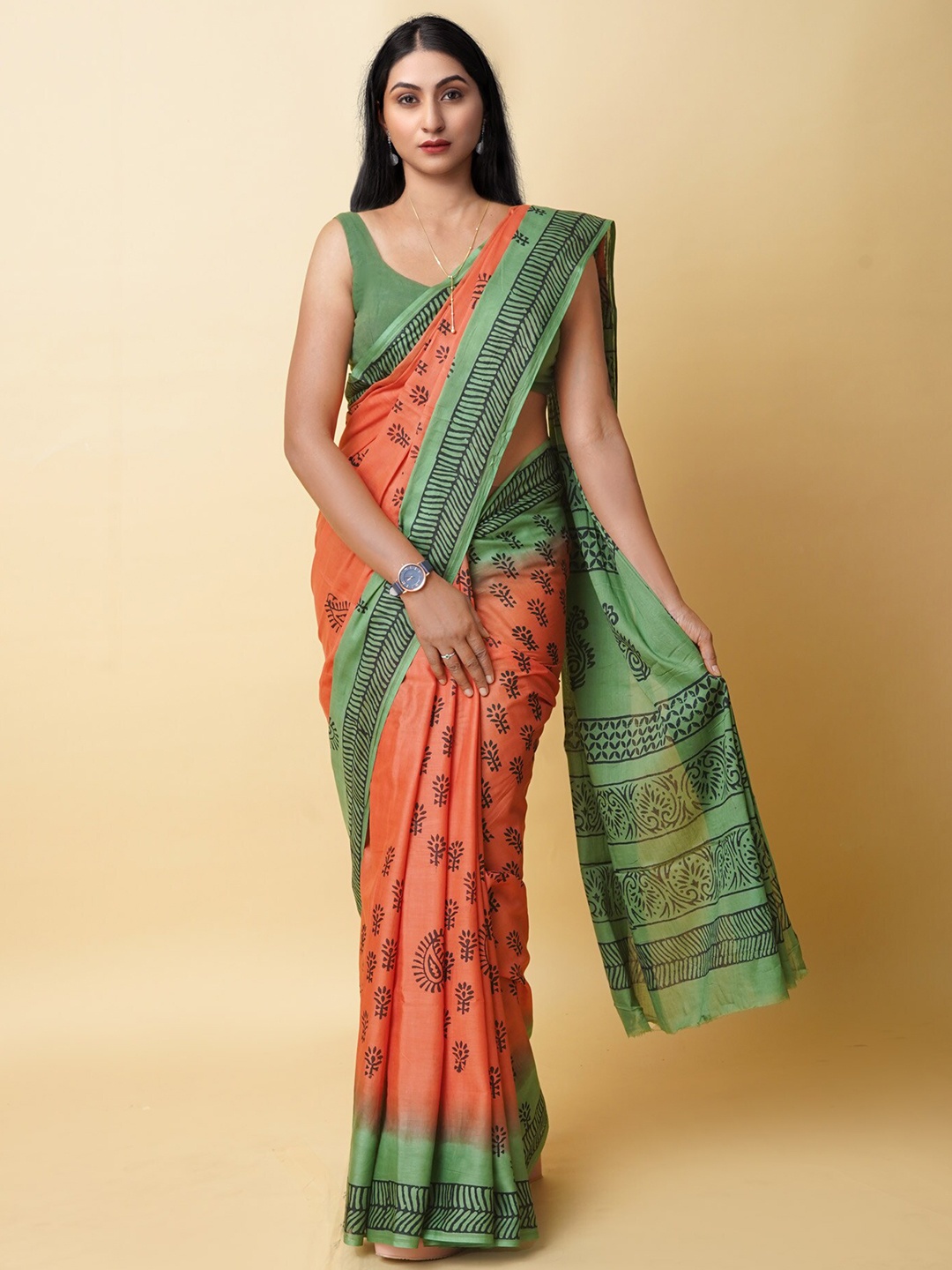 

Unnati Silks Floral Handloom Pure Cotton Block Print Saree, Orange