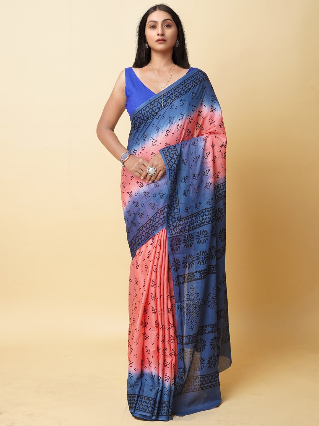 

Unnati Silks Floral Pure Cotton Block Print Saree, Peach