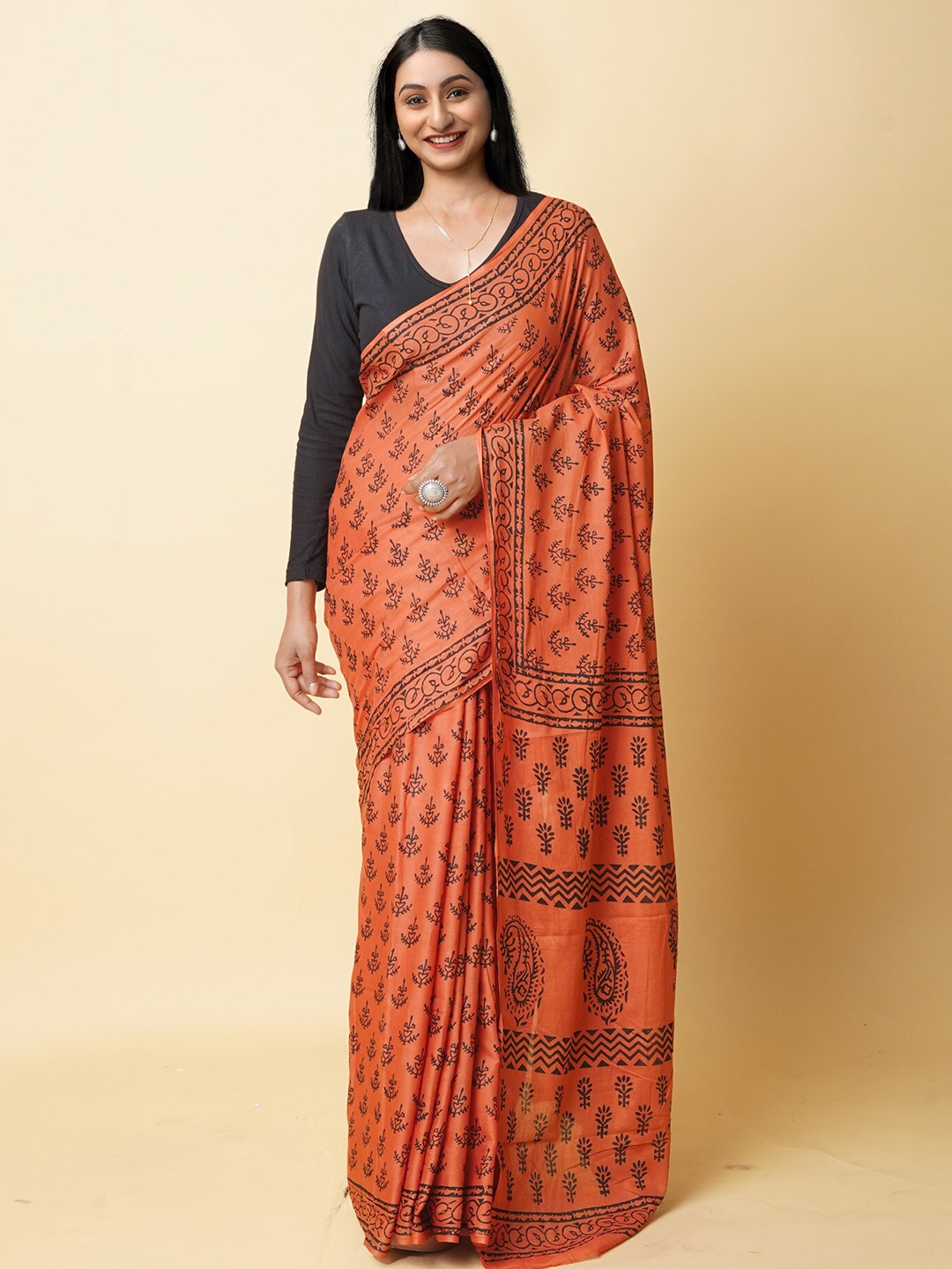 

Unnati Silks Handloom Pure Cotton Block Print Saree, Orange