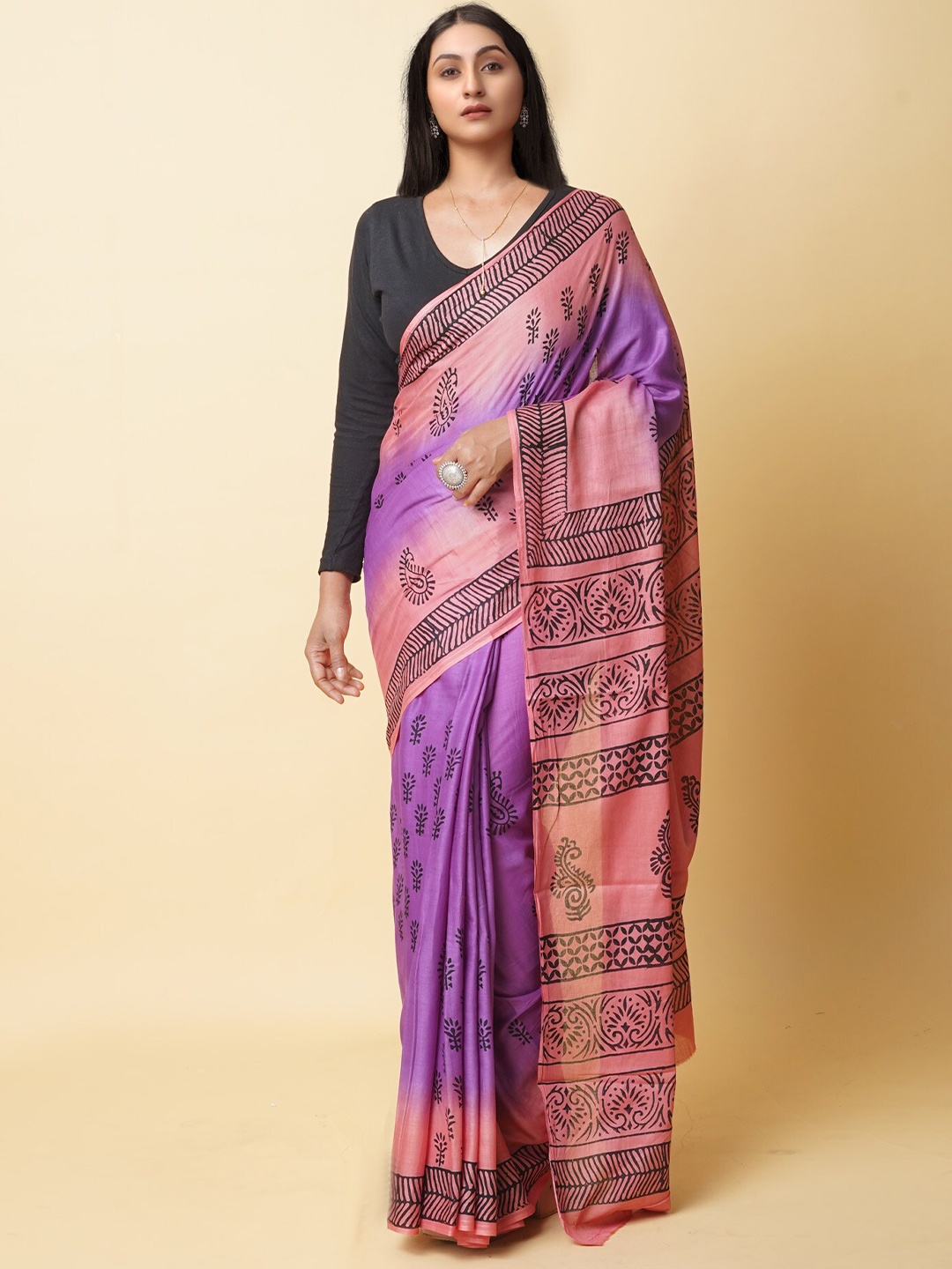 

Unnati Silks Ethnic Motifs Handloom Pure Cotton Block Print Saree, Purple