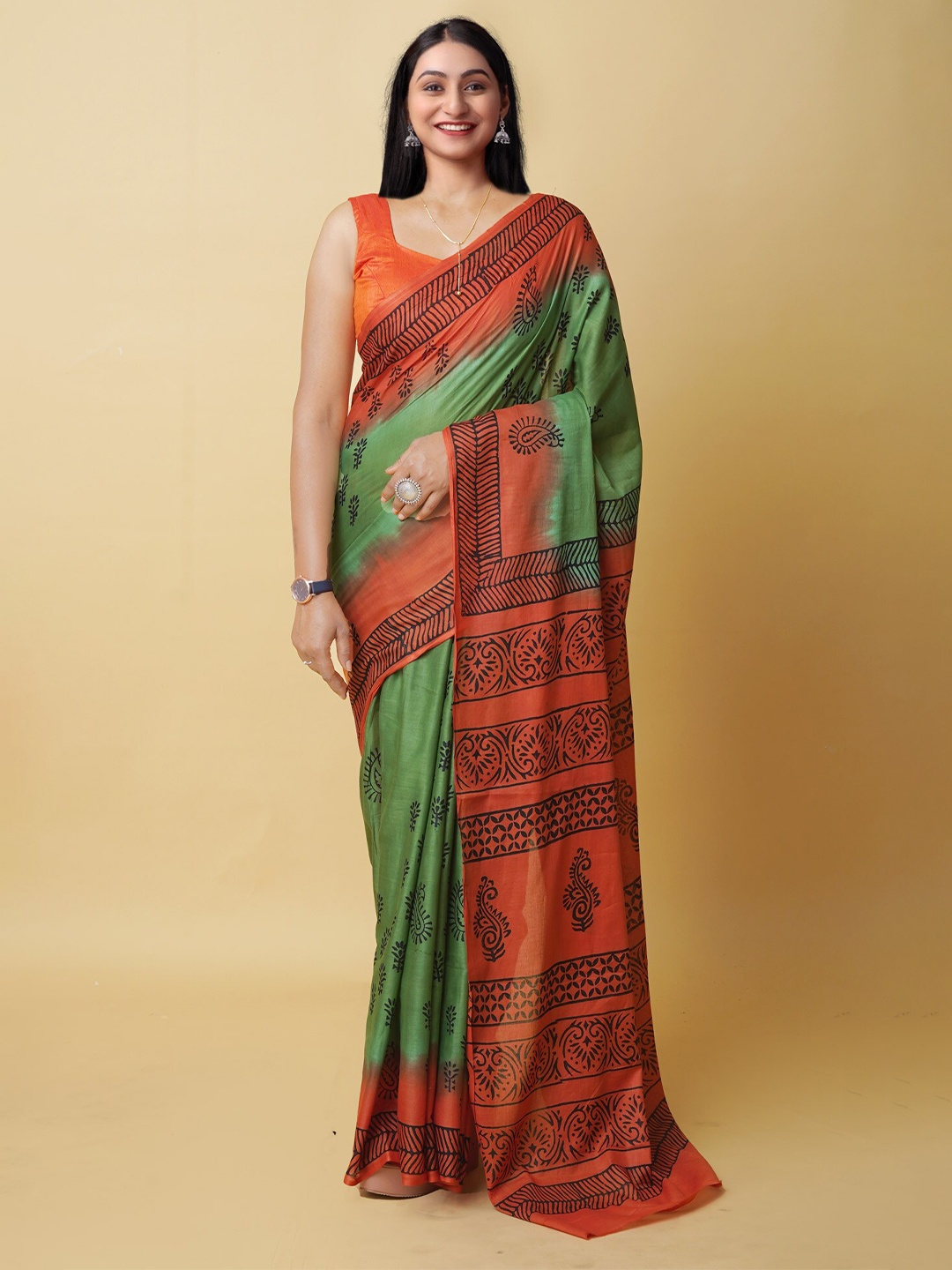 

Unnati Silks Ethnic Motifs Pure Cotton Block Print Saree, Green