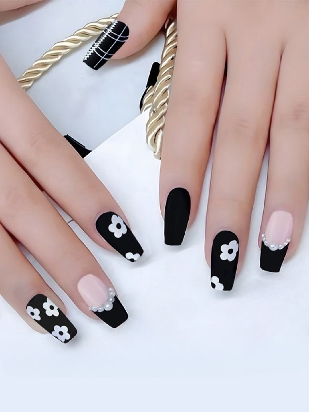 

Secret Lives Coffin Shape Translucent With Flowers & Pearls Nail Art, Black