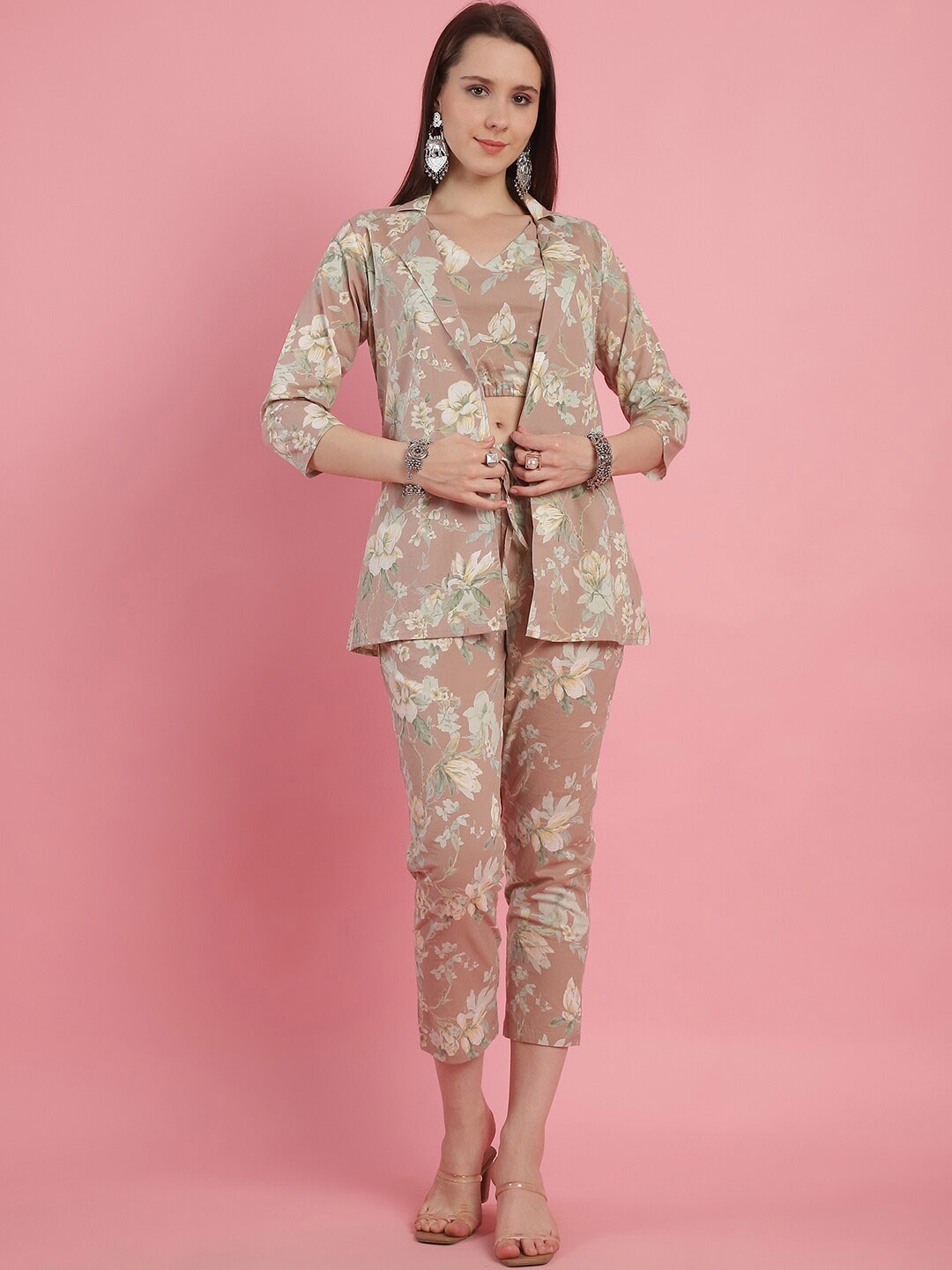 

Prakrti Floral Printed Pure Cotton Top With Trousers & Jacket, Mauve
