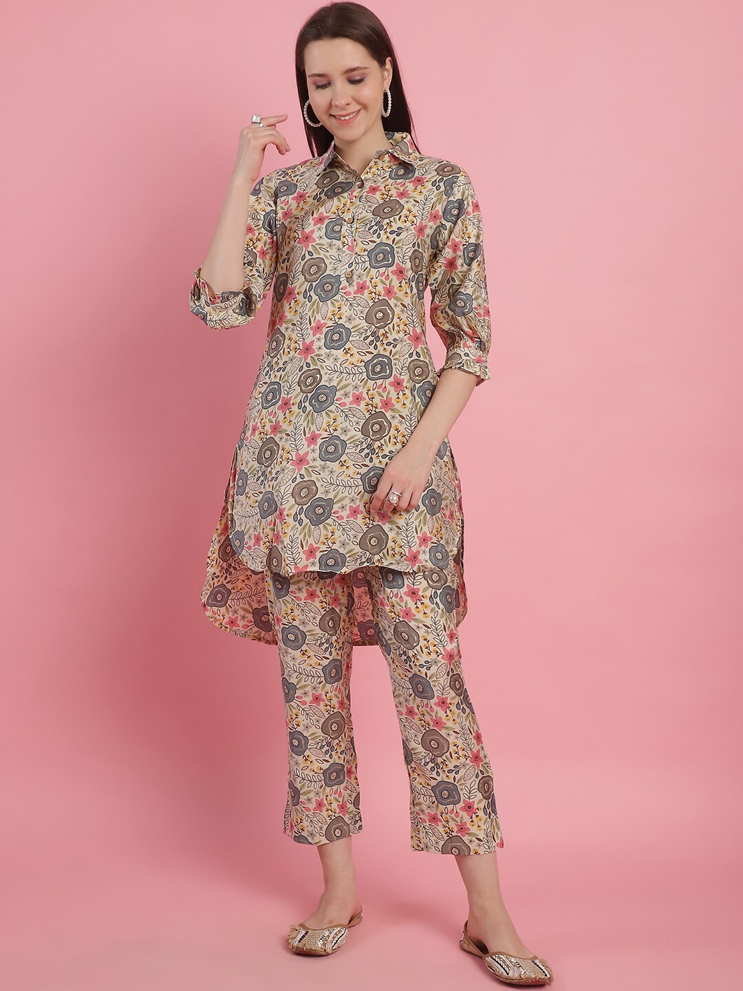 

Prakrti Floral Printed Shirt Collar Tunic & Trousers, Cream