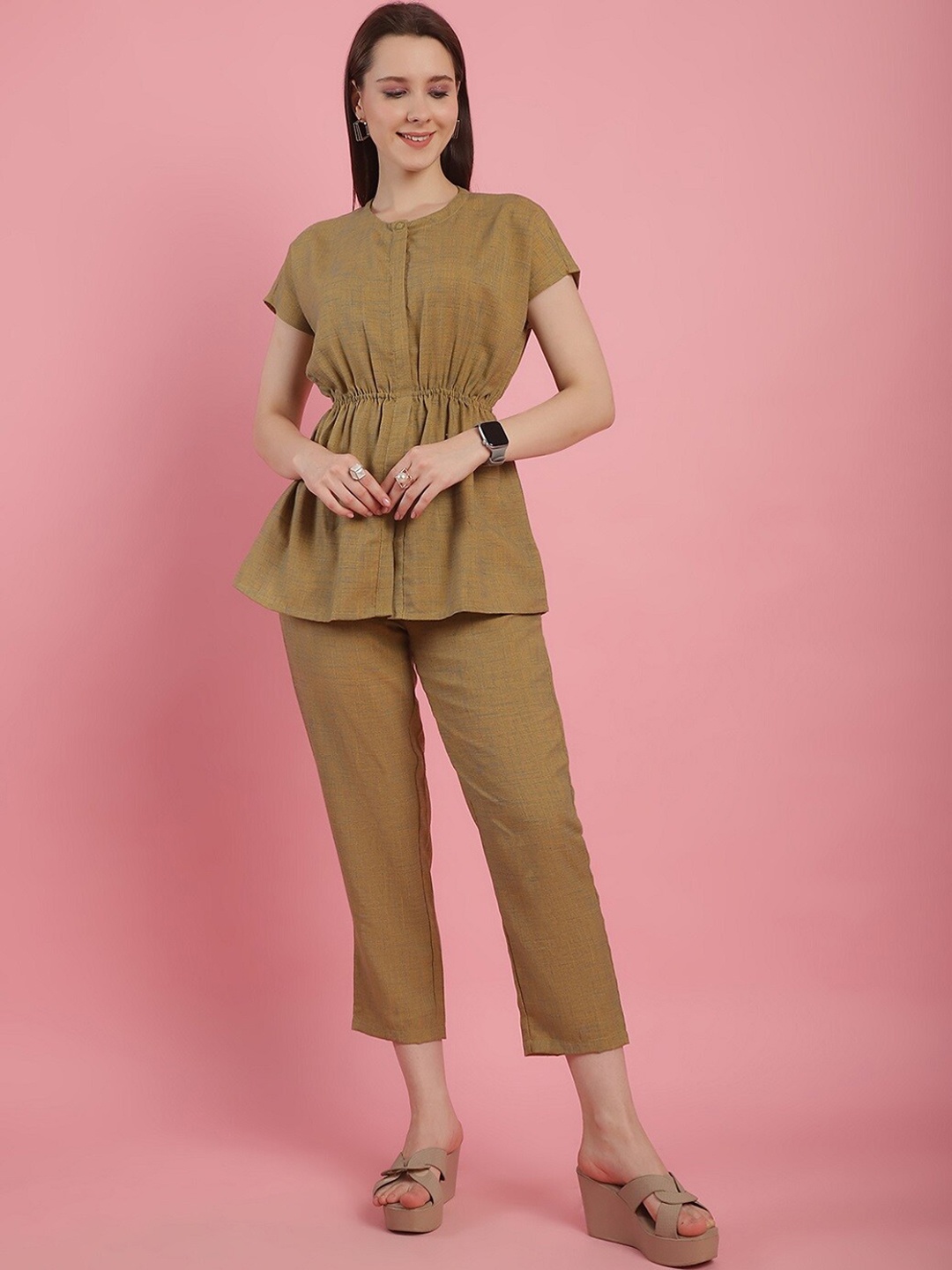 

Prakrti Mustard Yellow Round Neck Top & Trousers Co-Ords