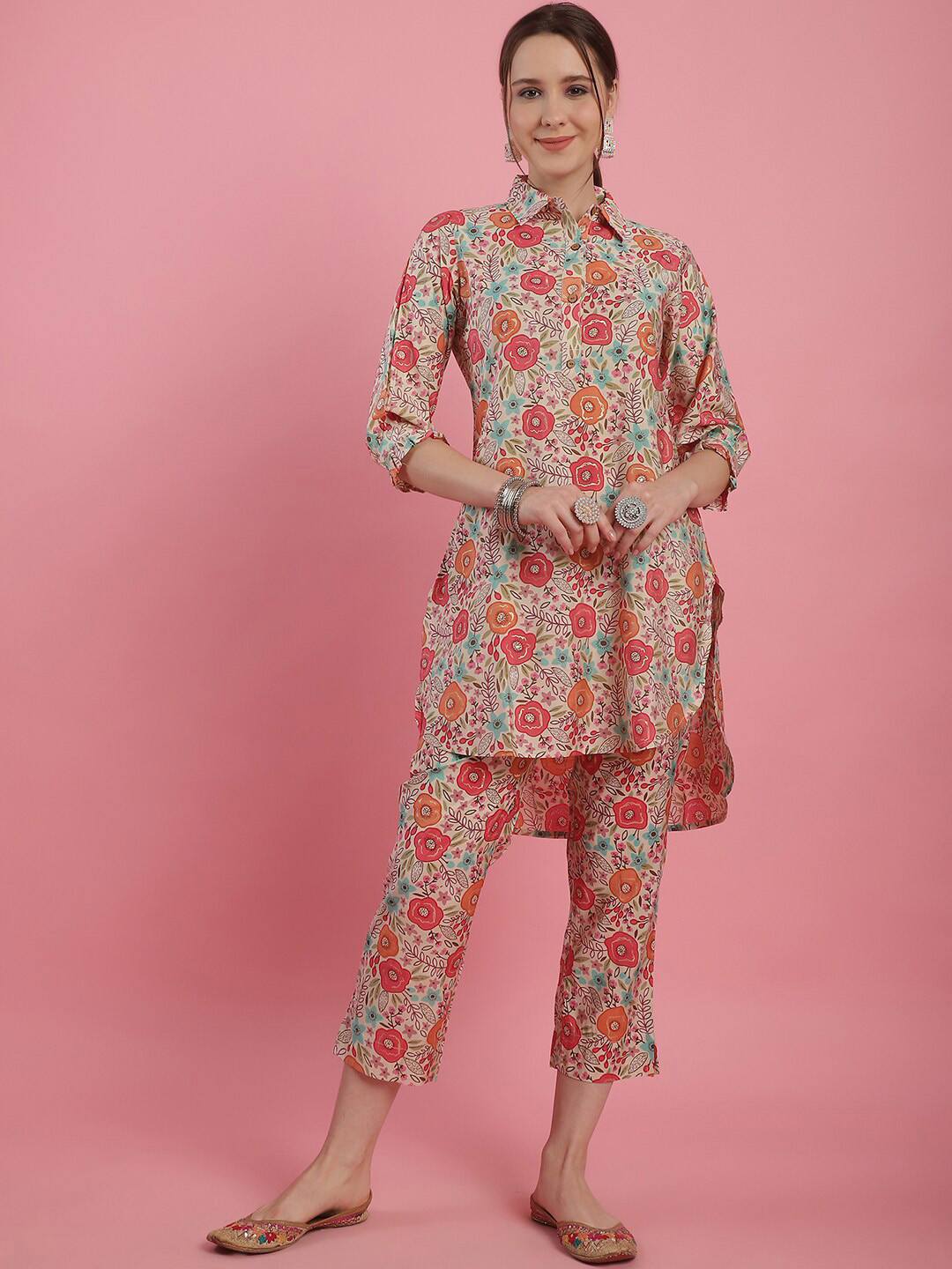 

Prakrti Pink Floral Printed Shirt Collar Tunic With Trousers Co-Ords