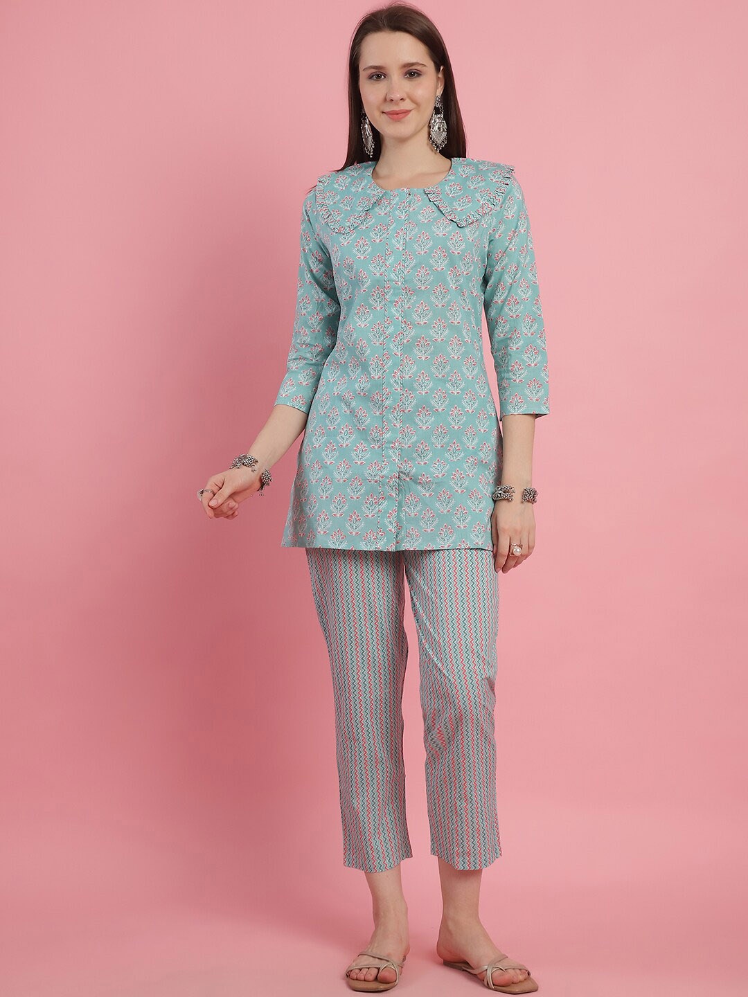 

Prakrti Printed Pure Cotton Top & trouser Co-Ord Set, Sea green