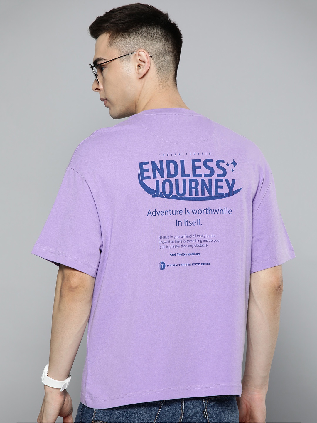 

Indian Terrain Printed Oversized Pure Cotton T-shirt, Lavender