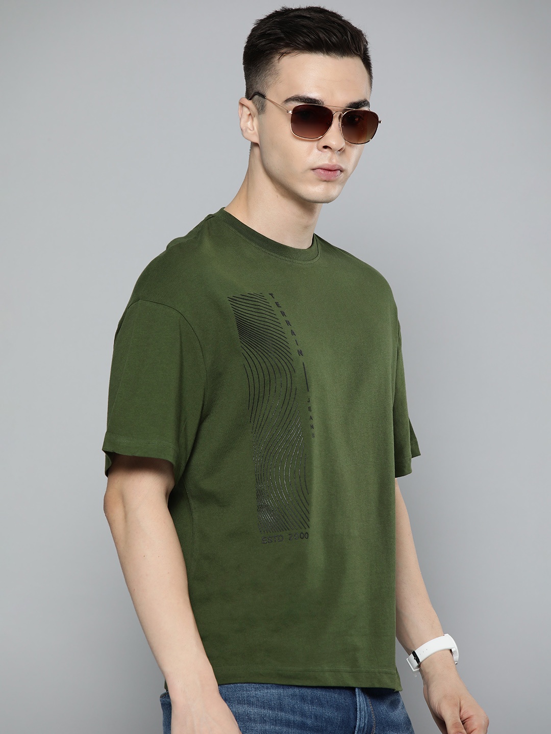 Indian Terrain Printed Oversized Pure Cotton T-shirt, Olive