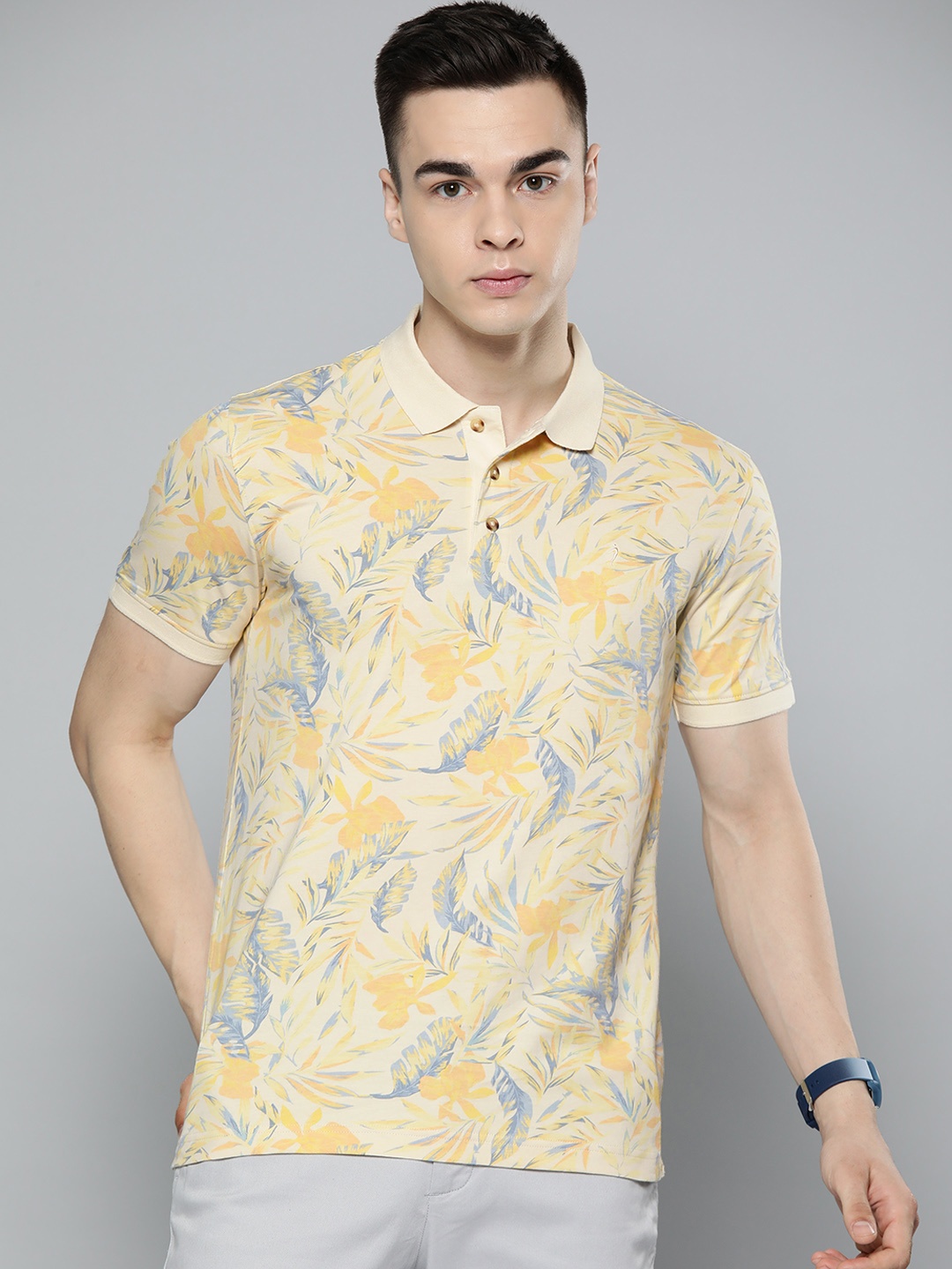 

Indian Terrain Pure Cotton Floral Print Polo Collar T-shirt, Beige