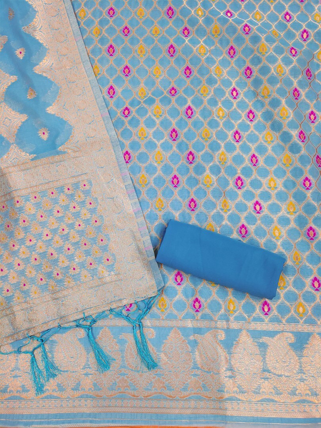 

KALINI Pure Silk Unstitched Dress Material, Blue