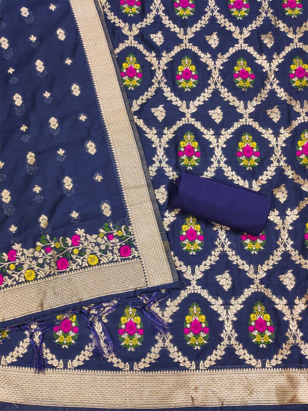 

KALINI Pure Silk Unstitched Dress Material, Blue