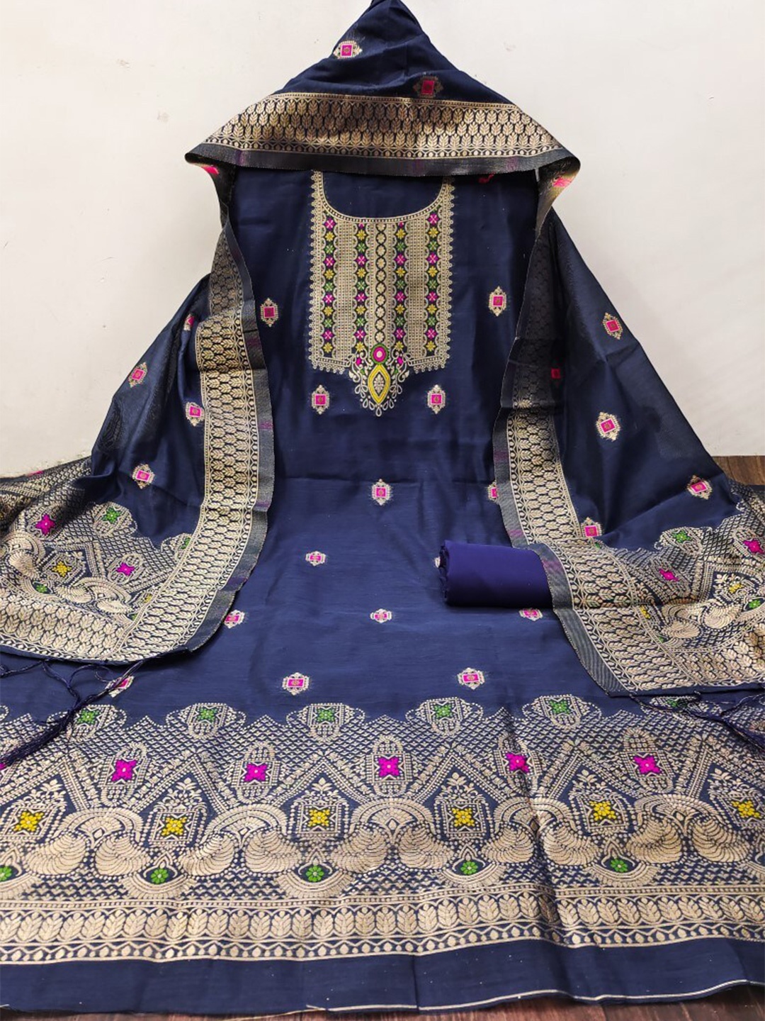 

KALINI Pure Silk Unstitched Dress Material, Blue
