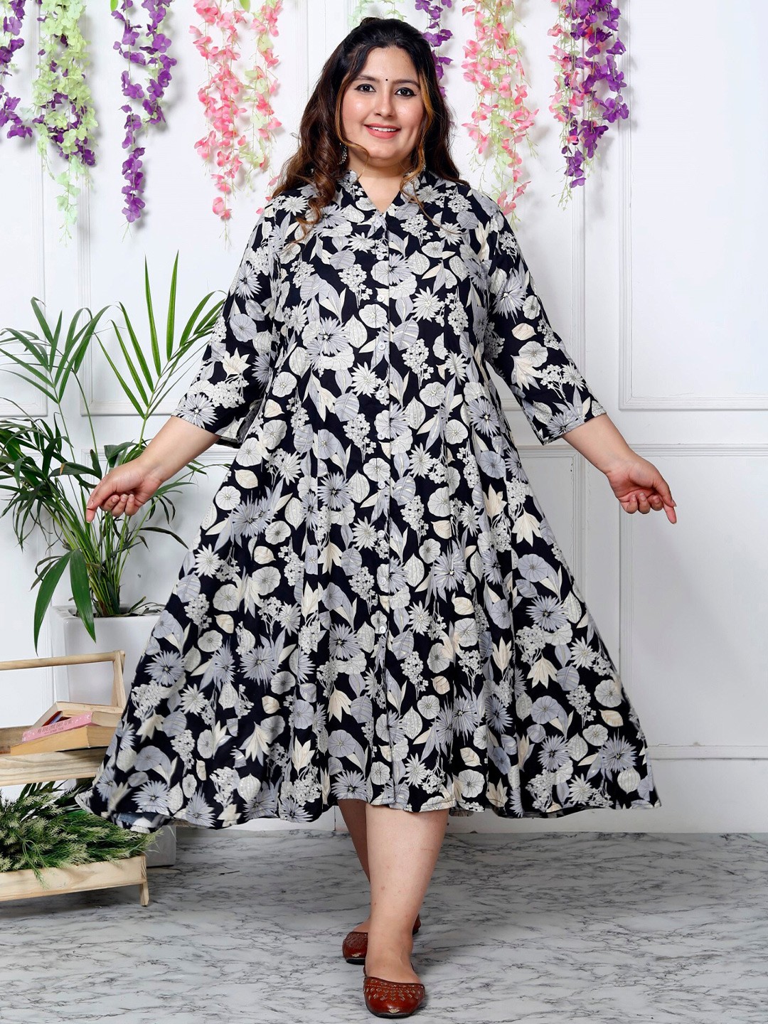 

Swasti Plus Size Floral Printed Mandarin Collar Shirt Dress, Black