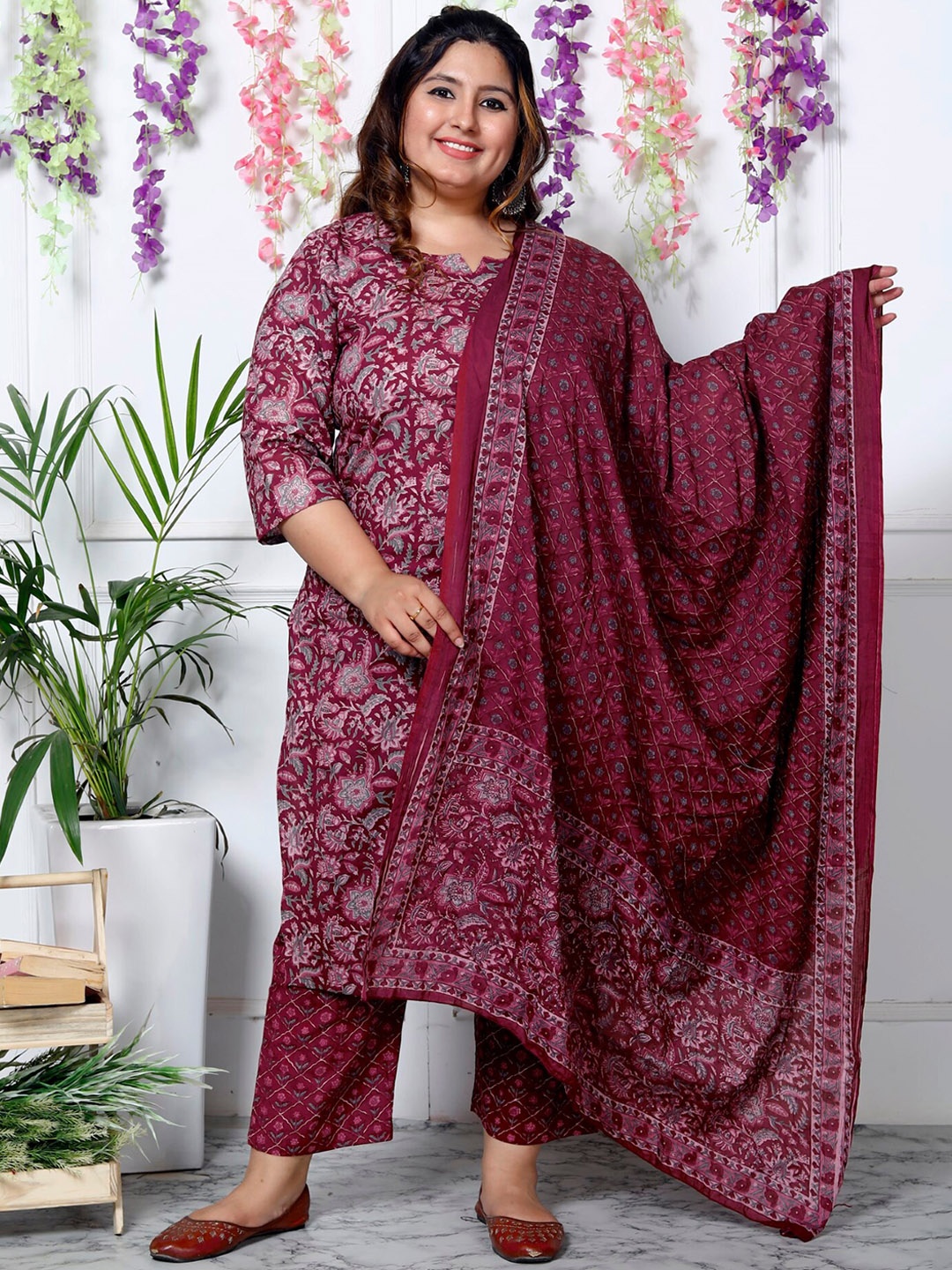 

Swasti Plus Size Floral Printed Sequinned Pure Cotton Kurta With Trouser & Dupatta, Maroon