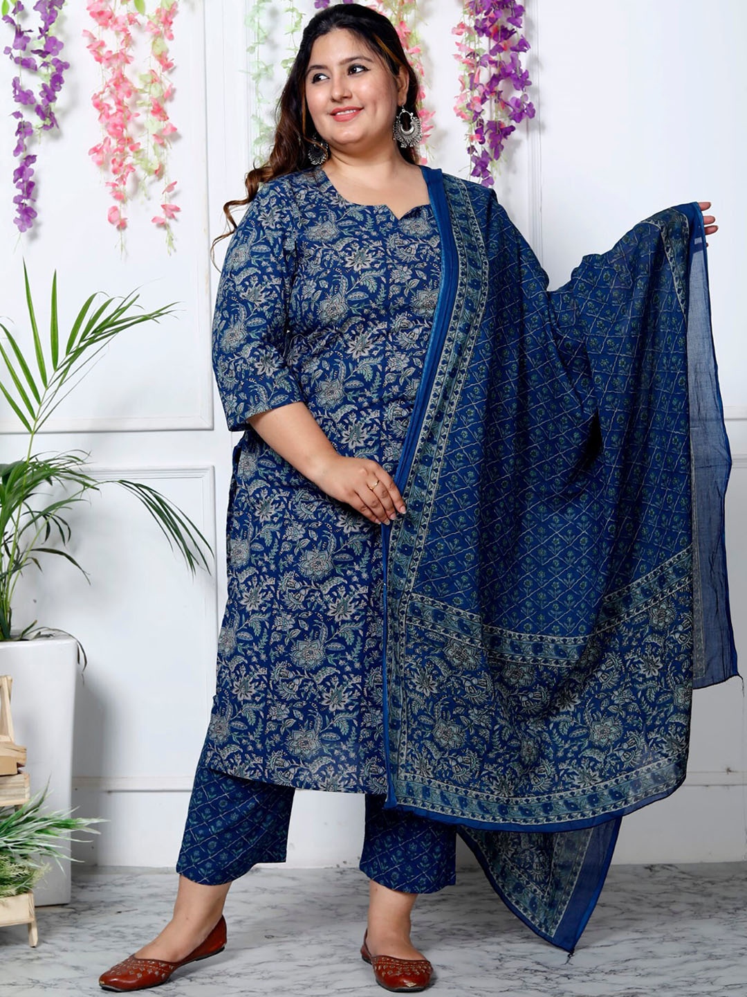 

Swasti Plus Size Floral Printed Sequinned Pure Cotton Kurta With Trouser & Dupatta, Blue