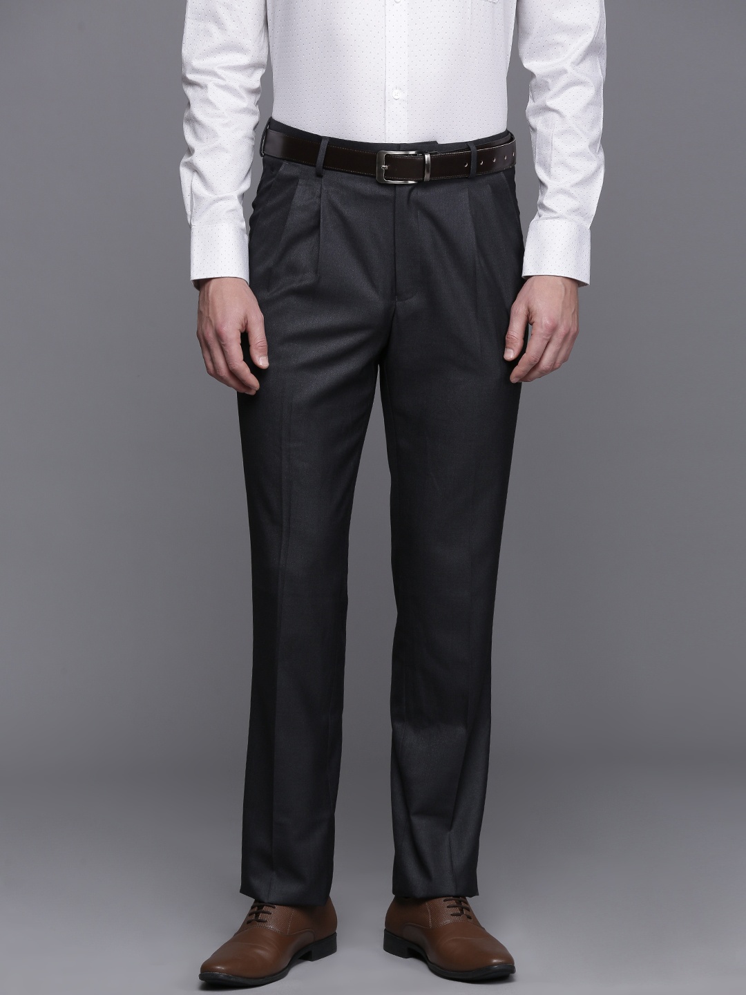

Louis Philippe Men Classic Fit Pleated Formal Trousers, Charcoal