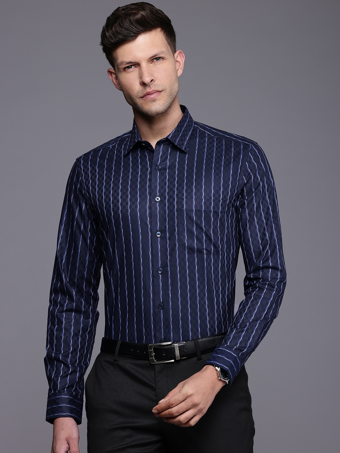 

Louis Philippe Pure Cotton Slim Fit Striped Formal Shirt, Navy blue
