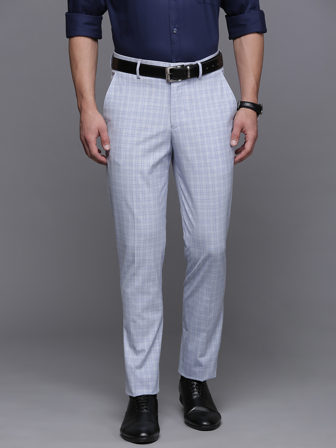 

Louis Philippe Men Checked Slim Fit Formal Trousers, Blue
