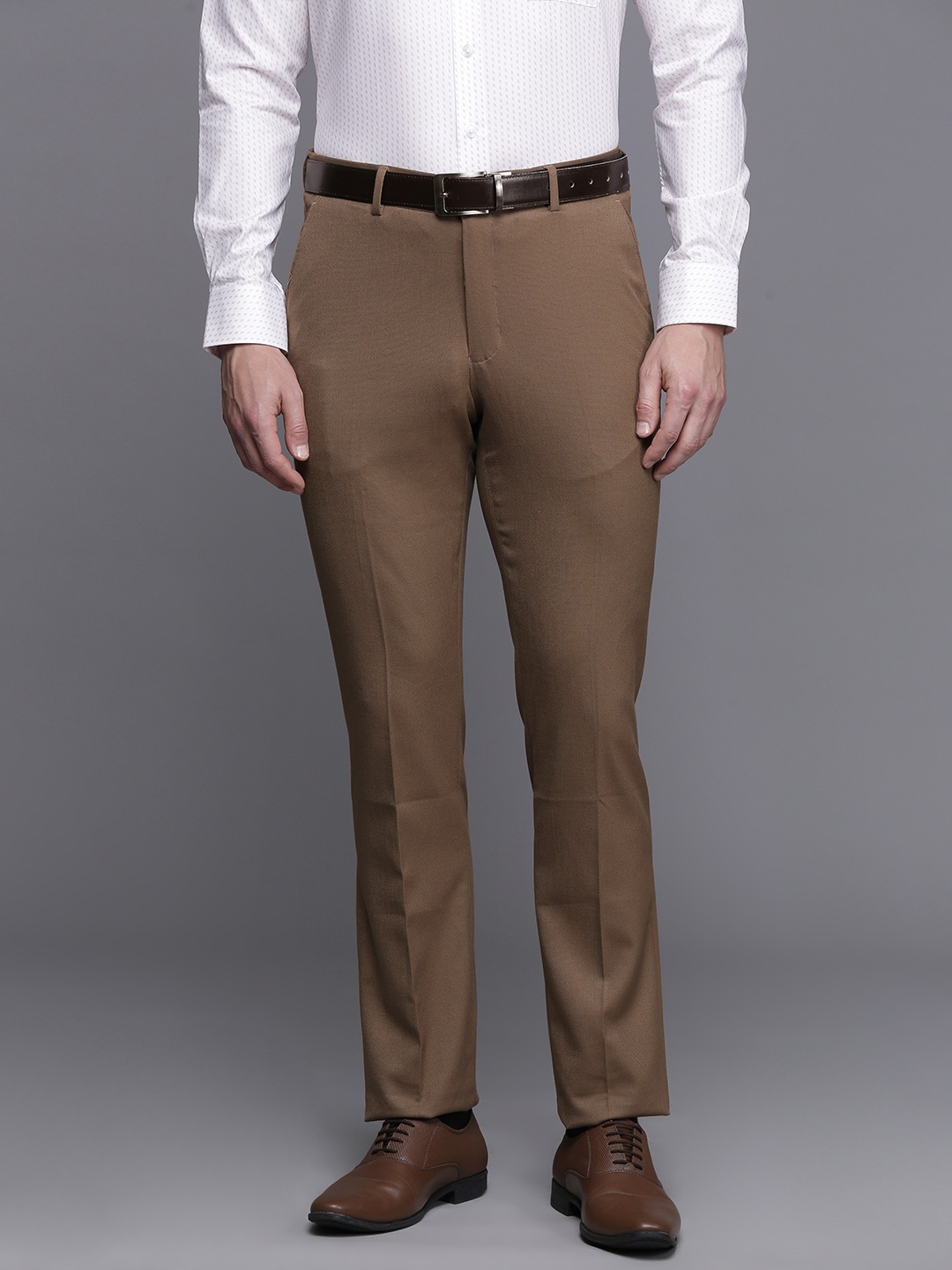 

Louis Philippe Men Self Design Textured Slim Fit Formal Trousers, Brown
