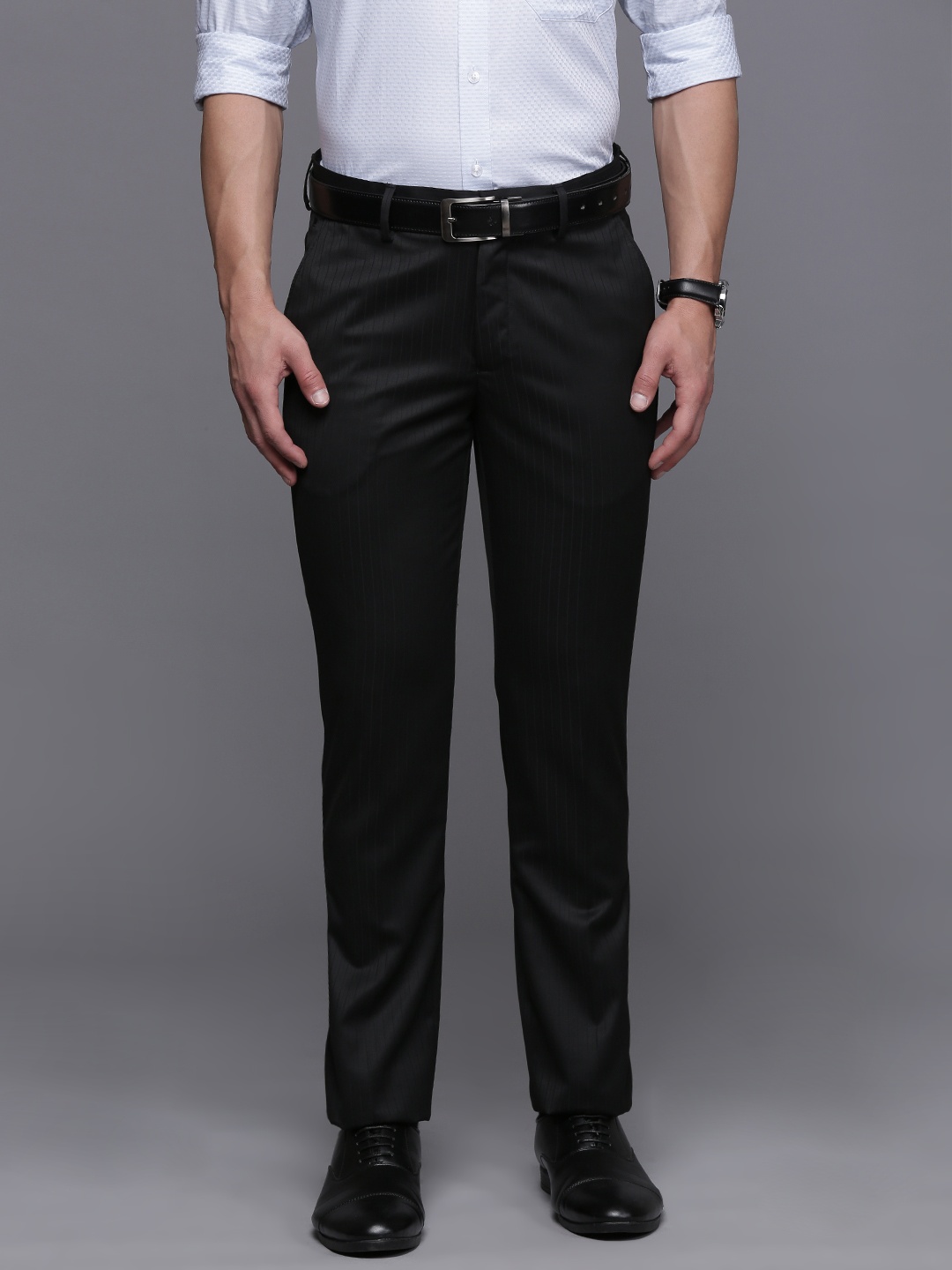

Louis Philippe Men Striped Slim Fit Formal Trousers, Black