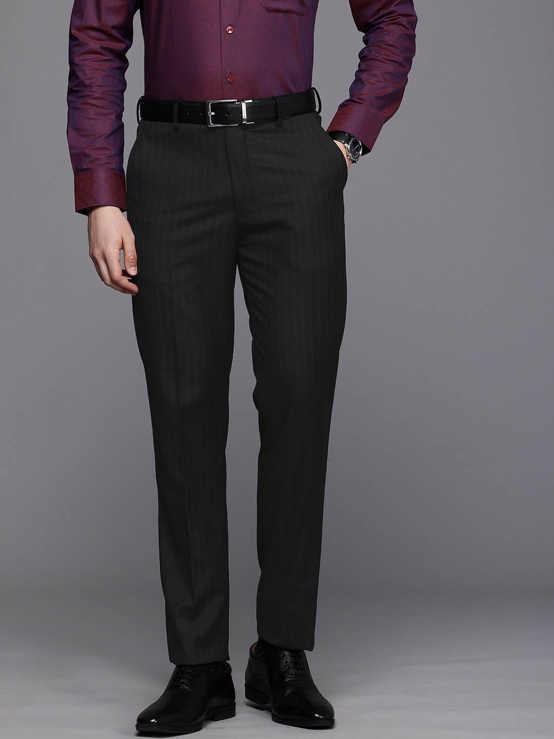 

Louis Philippe Men Striped Slim Fit Formal Trousers, Black