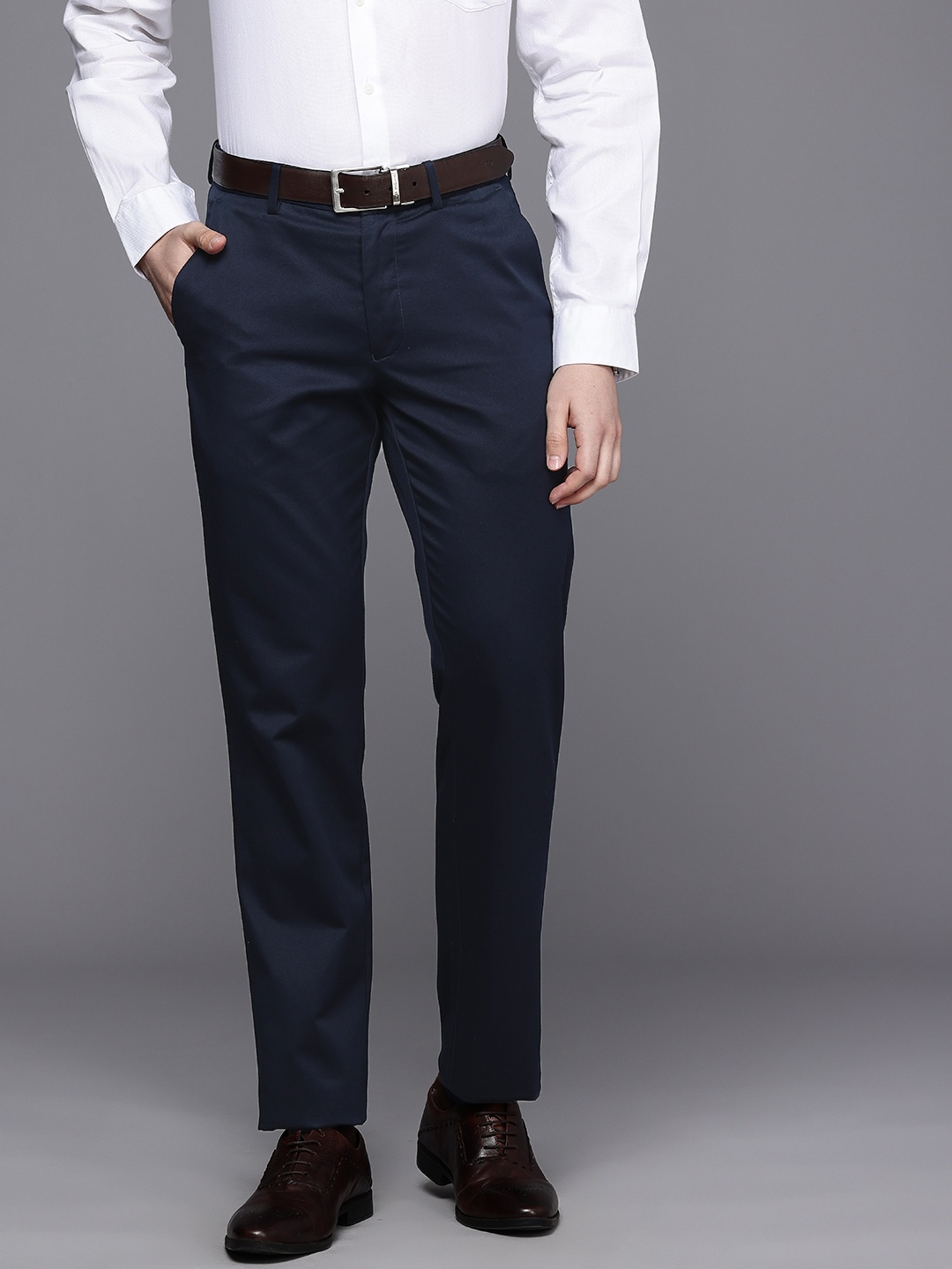 

Louis Philippe Slim Fit Pure Cotton Formal Trousers, Navy blue