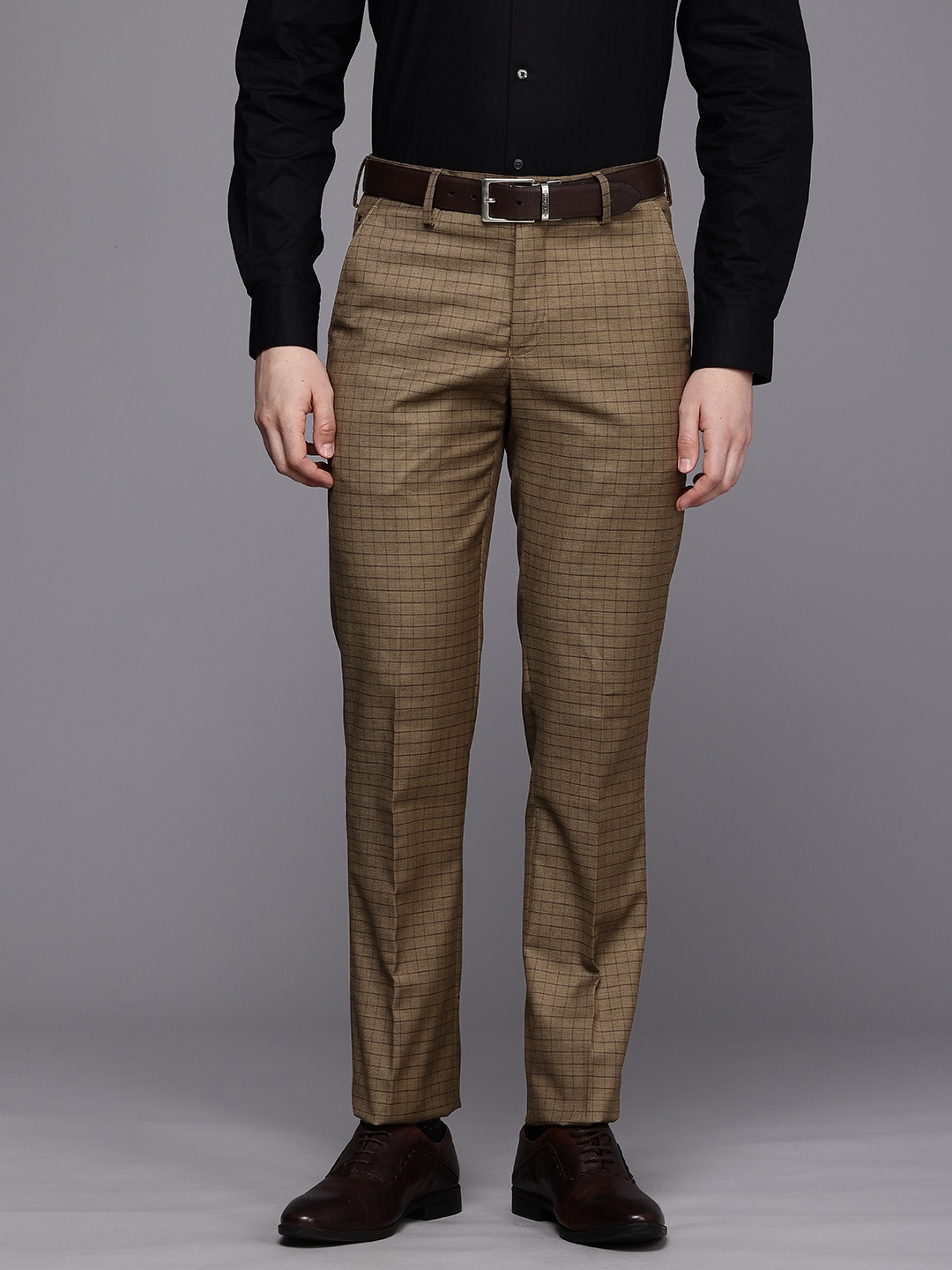 

Louis Philippe Men Checked Slim Fit Formal Trousers, Khaki
