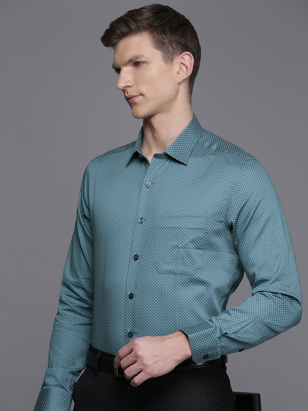 

Louis Philippe Pure Cotton Slim Fit Geometric Printed Formal Shirt, Teal