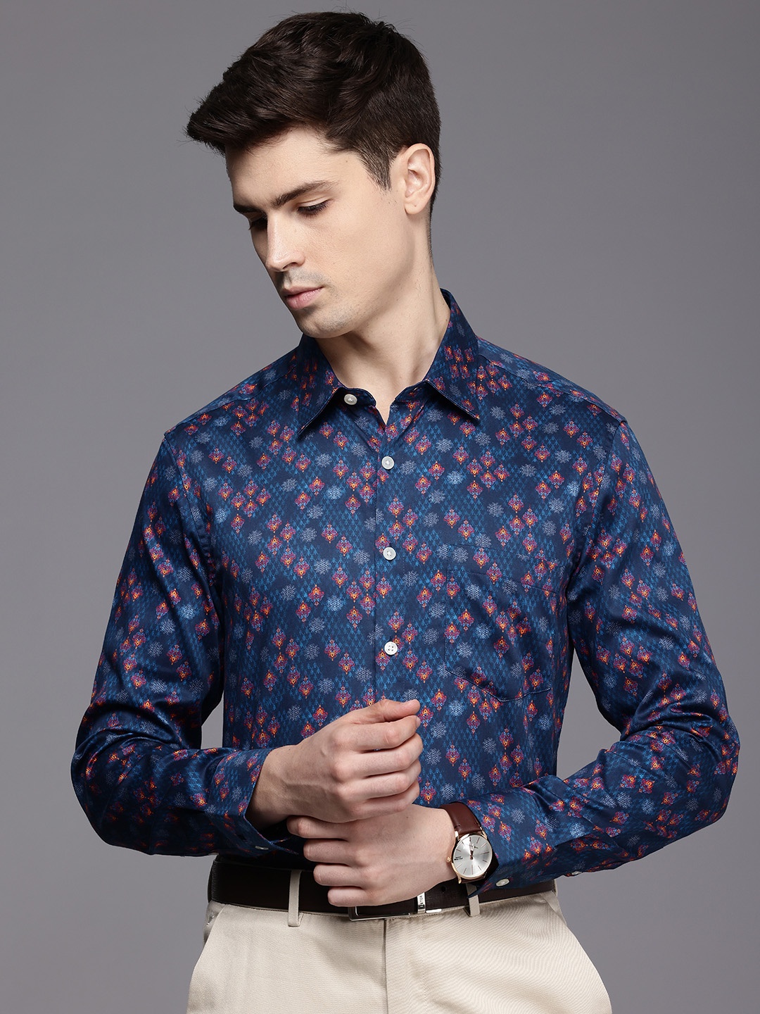 

Louis Philippe Pure Cotton Slim Fit Ethnic Motifs Printed Formal Shirt, Blue